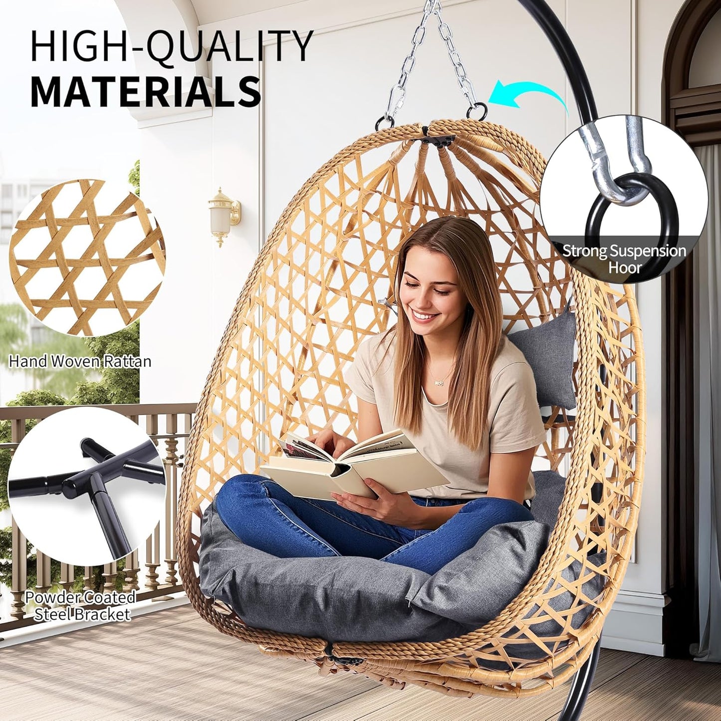 Egg Chair with Stand, Patio Wicker Hanging Chair, Hammock Swing Chair, 350LBS Capacity for Bedroom, Balcony, Garden