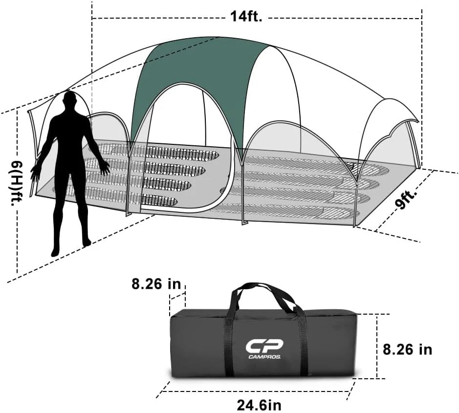 CAMPROS CP Tent 8 Person Camping Tents, Weather Resistant Family Tent, 5 Large Mesh Windows, Double Layer, Divided Curtain for Separated Room, Portable with Carry Bag