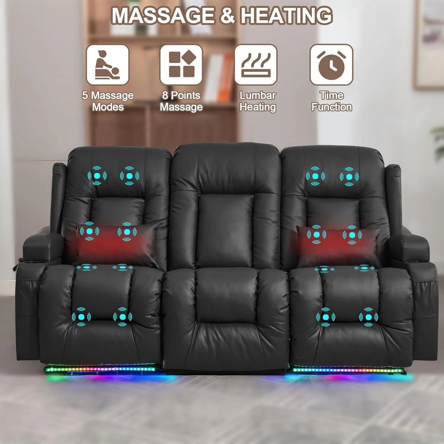 TUNYI Power Loveseat Recliner Sofa with Massage & Heat Home Theater Seating with Console Electric Recliner RV Sofa with USB/Outlet/Storage/Side Pocket/LED Light/Speaker (Brown, Loveseat)