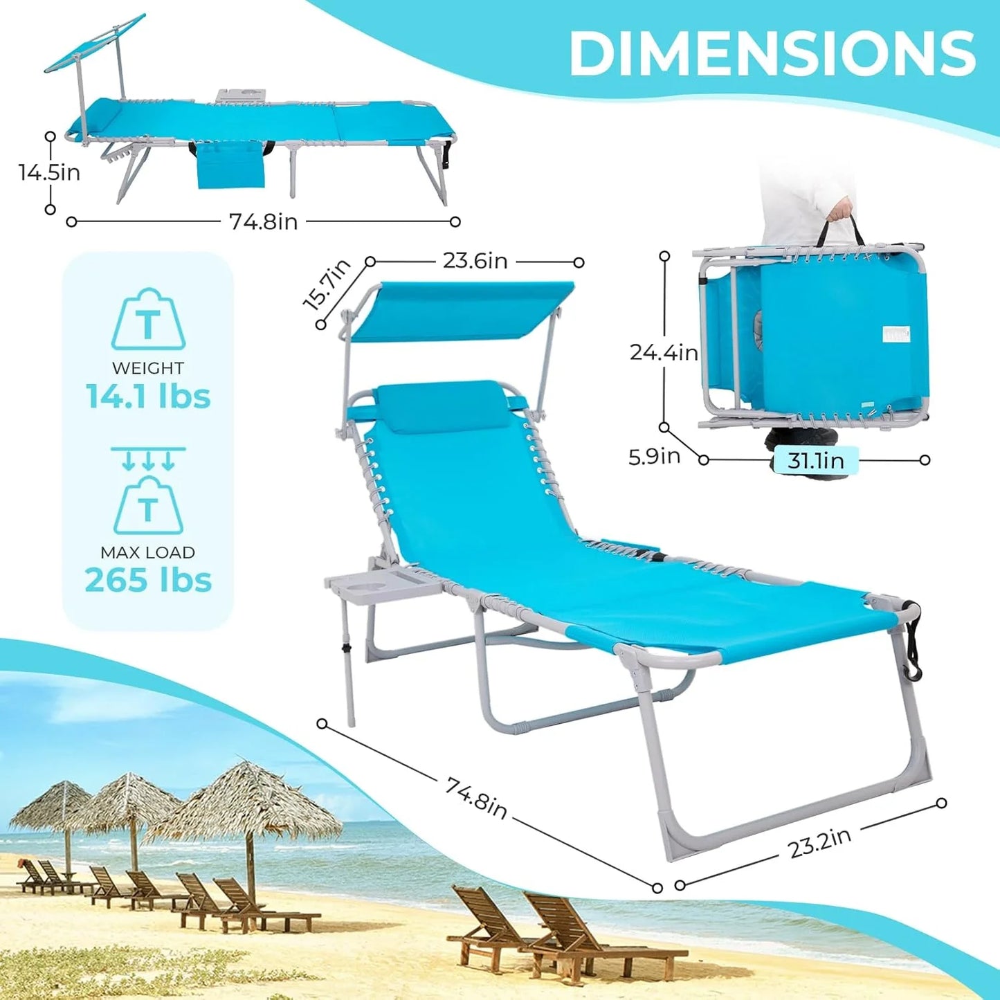 2 Pack Outdoor Chaise Lounge Chair - Portable Folding Patio Pool Lounge Chair, 5 Positions Adjustable Reclining Camping Chair with Side Table,Shoulder Strap, Pillow for Beach Sunbathing Lawn