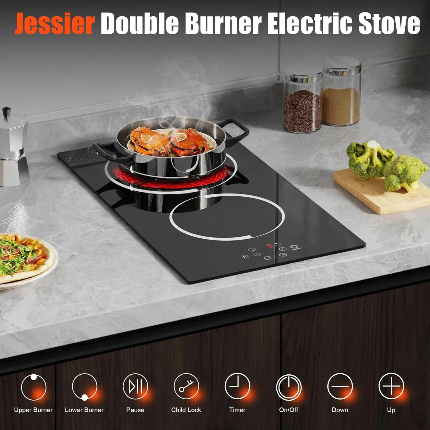 Electric Cooktop 30 Inch - 5 Burners Built-in Ceramic Cooktop, 30" Electric Stove Top with Glass Protection Metal Frame, 9 Heating Level, 8400W, 220-240V for Hard Wire(No Plug)