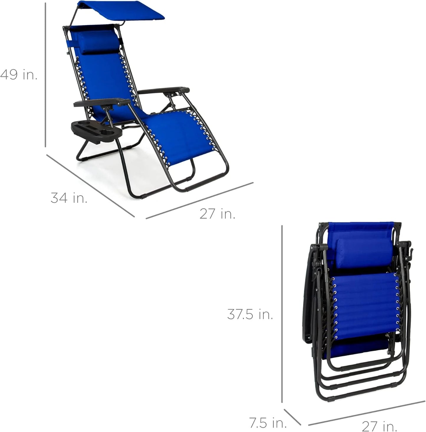 Best Choice Products Folding Zero Gravity Outdoor Recliner Patio Lounge Chair w/Adjustable Canopy Shade, Headrest, Side Accessory Tray, Textilene Mesh - Peacock Blue