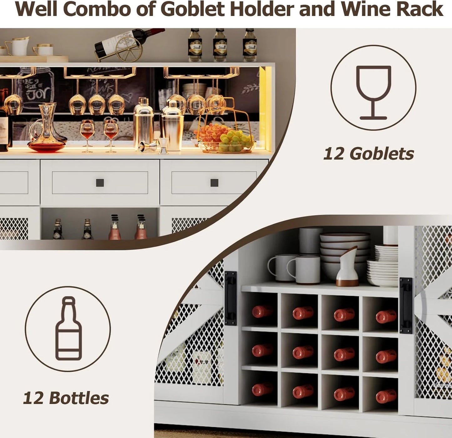 Wine Bar Cabinet with LED Light, Liquor Cabinet with Glass Holder, Coffee Bar for Liquor, Storage Buffet with Wine Racks, Wine Cabinet