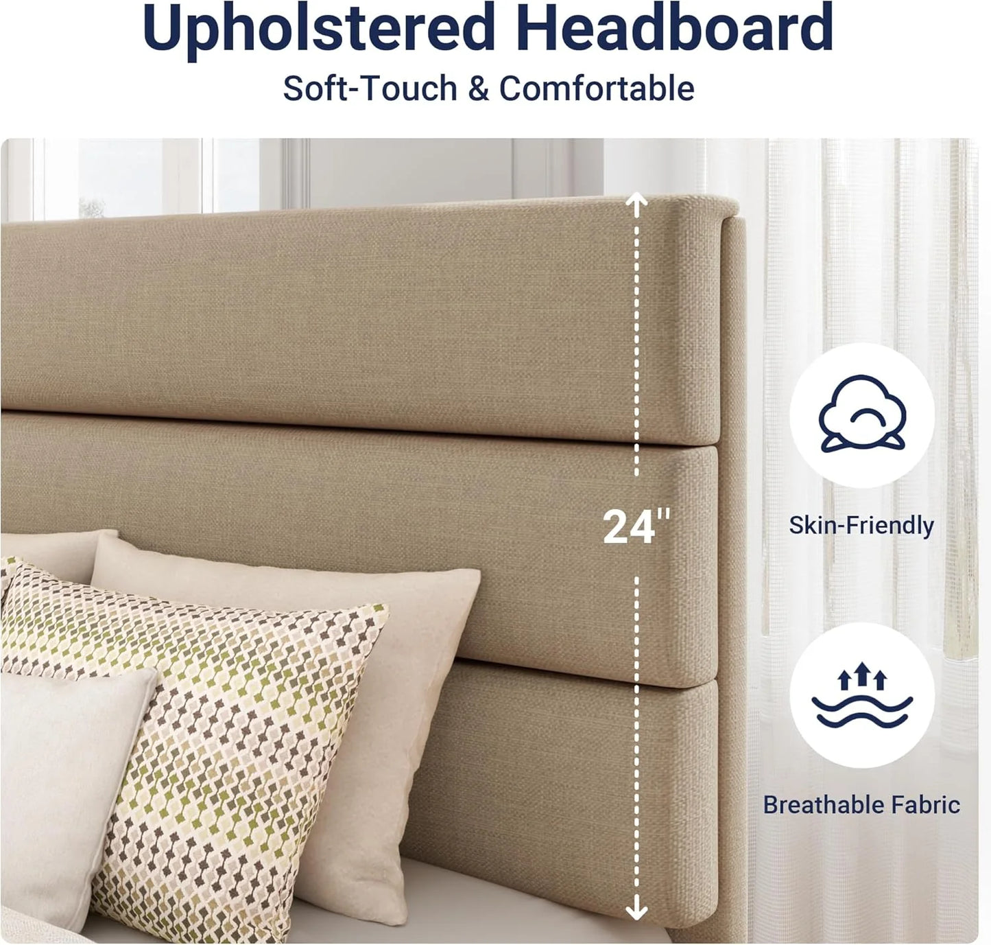 Allewie King size platform bed frame with velvet upholstered headboard and planks