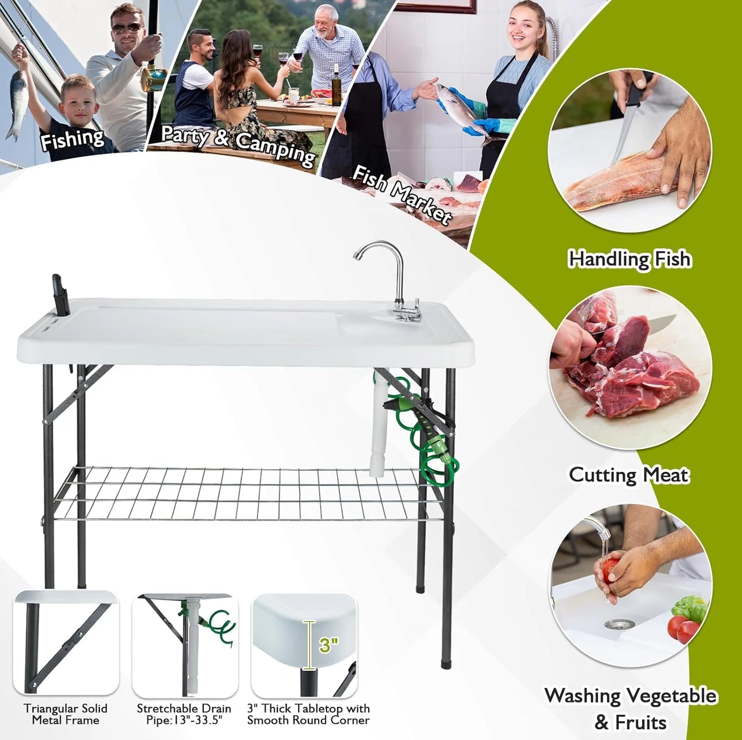 Folding Fish Cleaning Table Portable Camping Sink Table with Faucet Drain Hose and Sprayer Outdoor Fish Fillet Cleaning Station