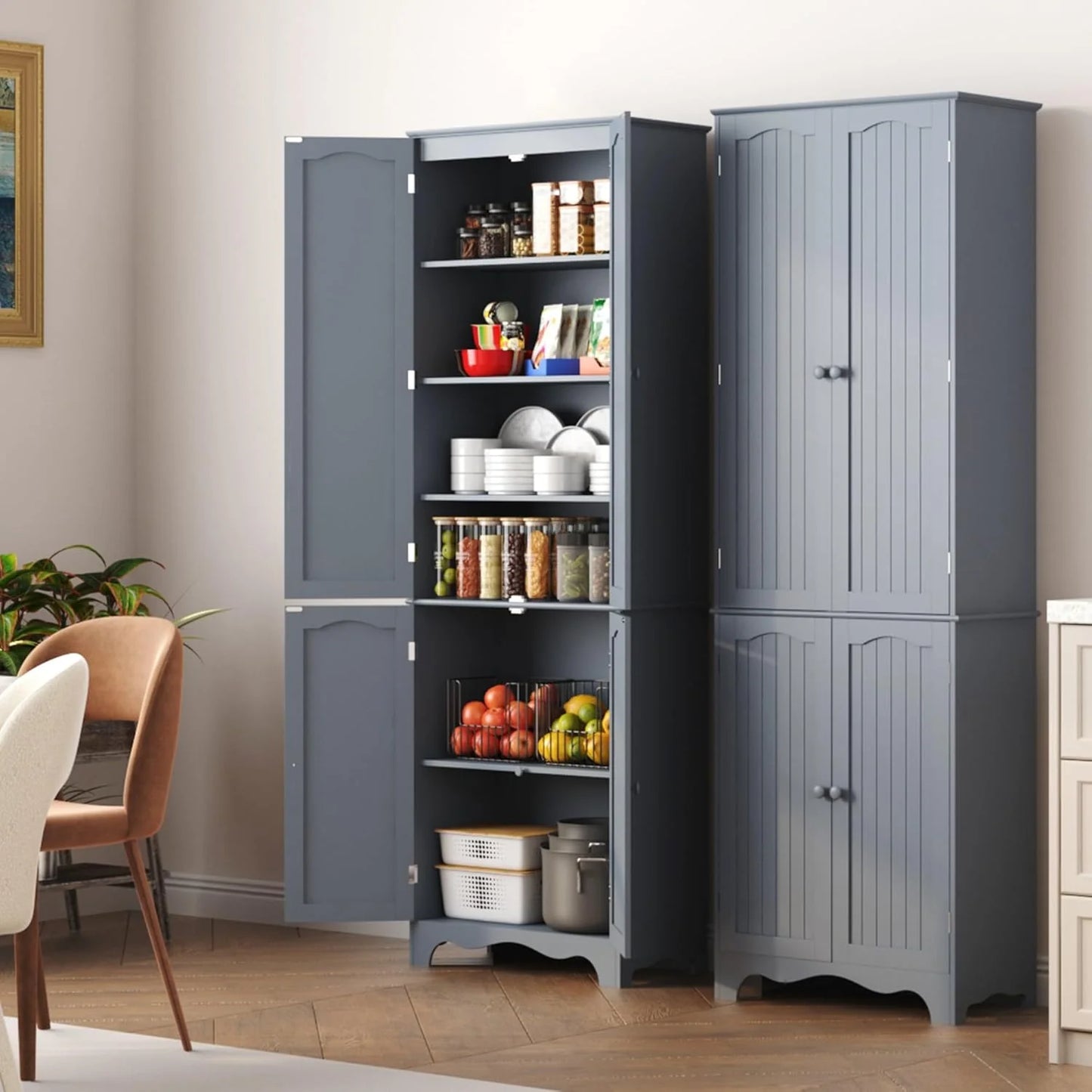 Tall Pantry Cabinet, Freestanding Storage Cabinet, Wooden Kitchen Pantry with 4 Doors and 5 Shelves, 72" Floor Cabinet Organizer