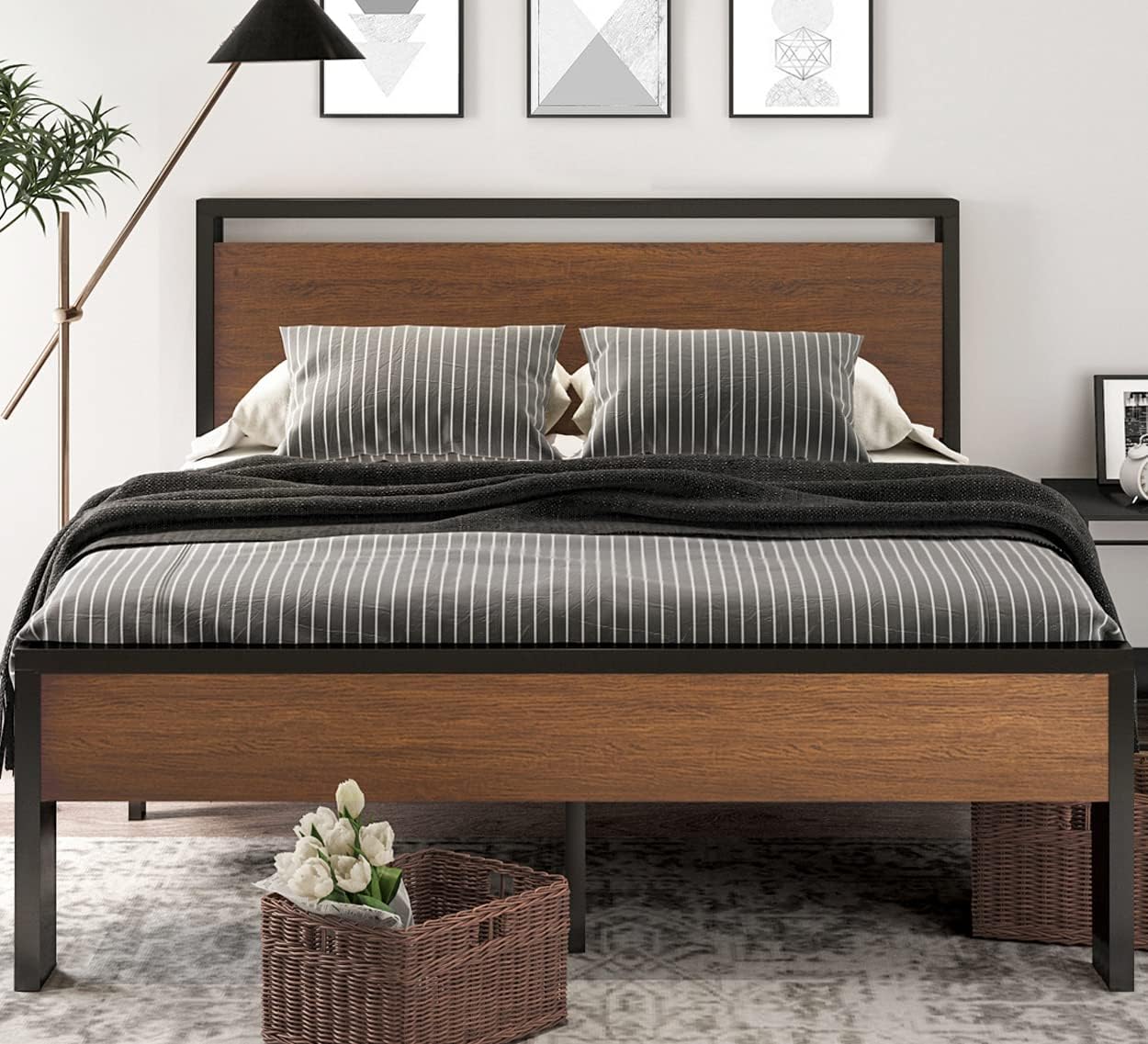 SHA CERLIN 14 Inch Full Size Metal Platform Bed Frame with Wooden Headboard and Footboard, Mattress Foundation, No Box Spring Needed, Large Under Bed Storage, Non-Slip Without Noise, Mahogany