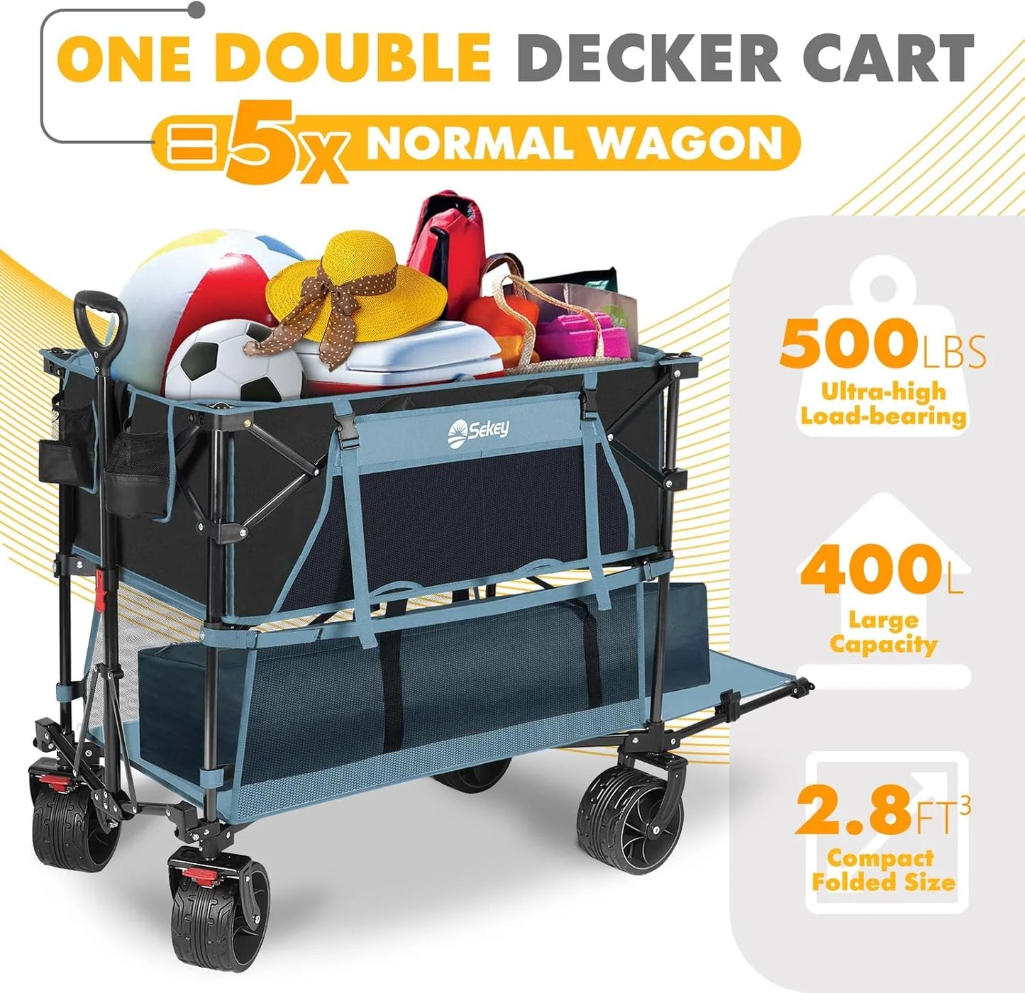 400L Large Capacity Folding Double Decker Wagon with Brakes, 50" Extra Long Extender Cart, 500lbs Heavy Duty Collapsible Wagons
