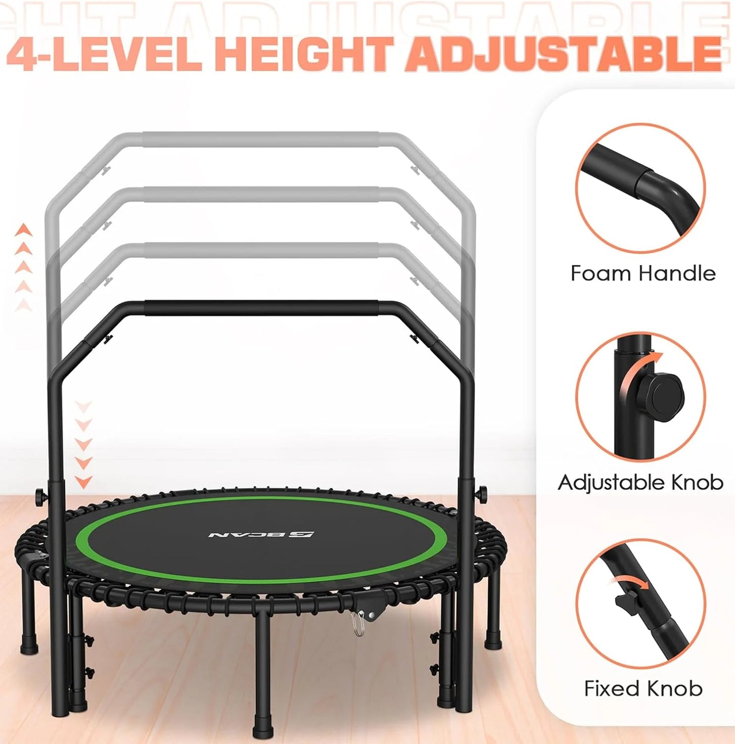 BCAN 450/550 LBS Foldable Mini Trampoline, 40"/48" Fitness Trampoline with Bungees, U Shape Adjustable Foam Handle, Stable & Quiet Exercise Rebounder for Adults Indoor/Outdoor Workout
