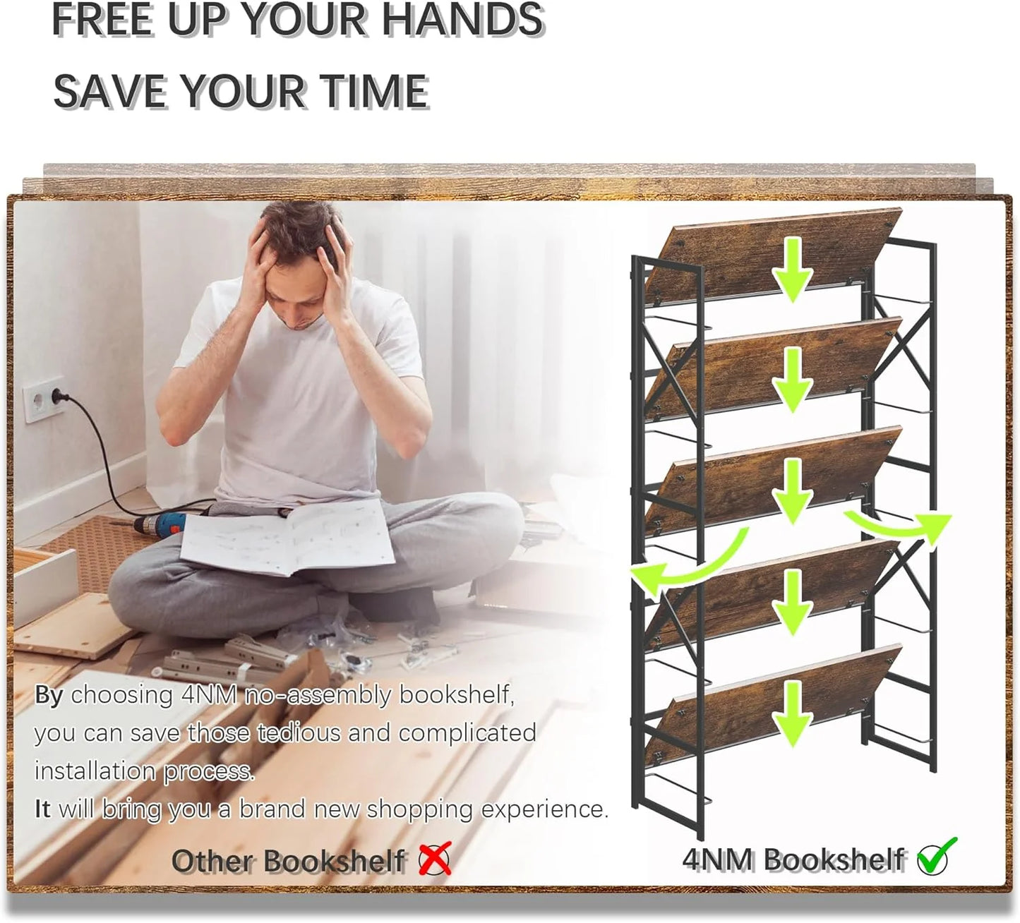 5 Tiers No Assembly Book Shelves 51.2" H Folding Bookshelf Bookcase