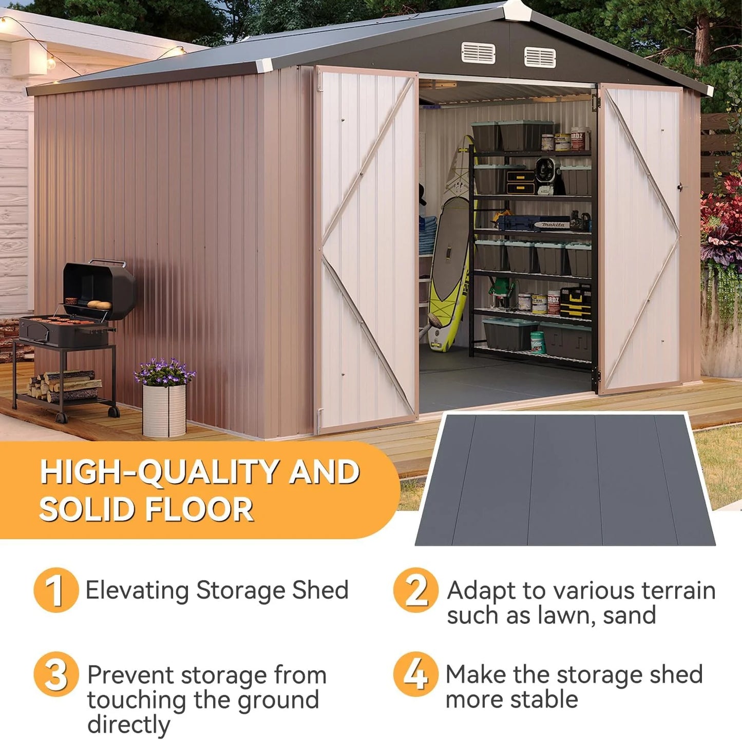 Aoxun 7.4x5.3FT Shed with Floor Galvanized Steel Outdoor Storage Shed Metal Garden Shed with Double Doors, 15mm Moisture-Proof Floor & Ventilation, Sloped Roof for Bike/Generator/Tool Storage (Brown)