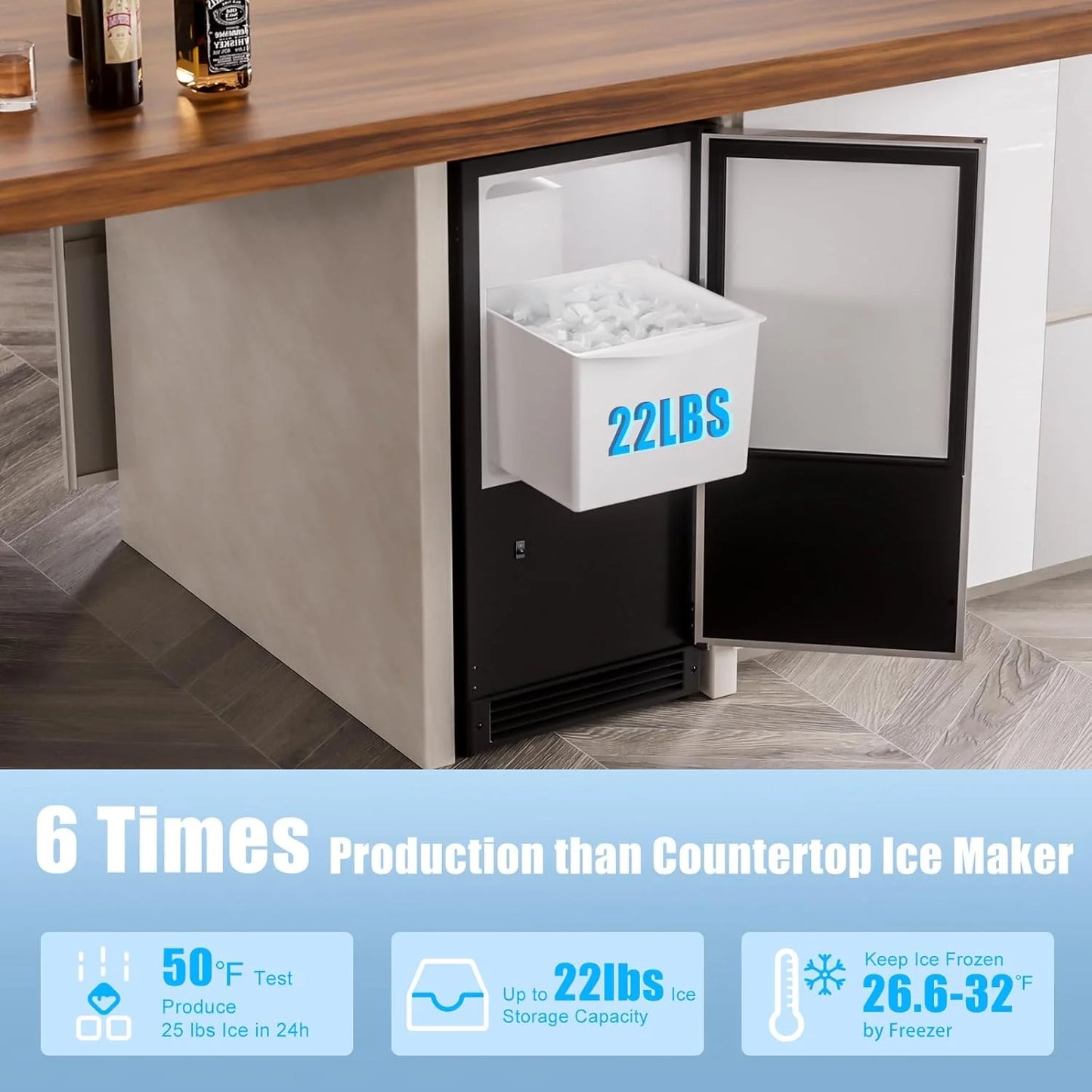 COTLIN 15" W Drainless Under Counter Ice Maker with 22LBS Storage Bin, Crescent Ice, Free Standing Built-in Ice Maker for Residential Commercial Use, No Drain Required, ETL Approved, 2025 Upgraded