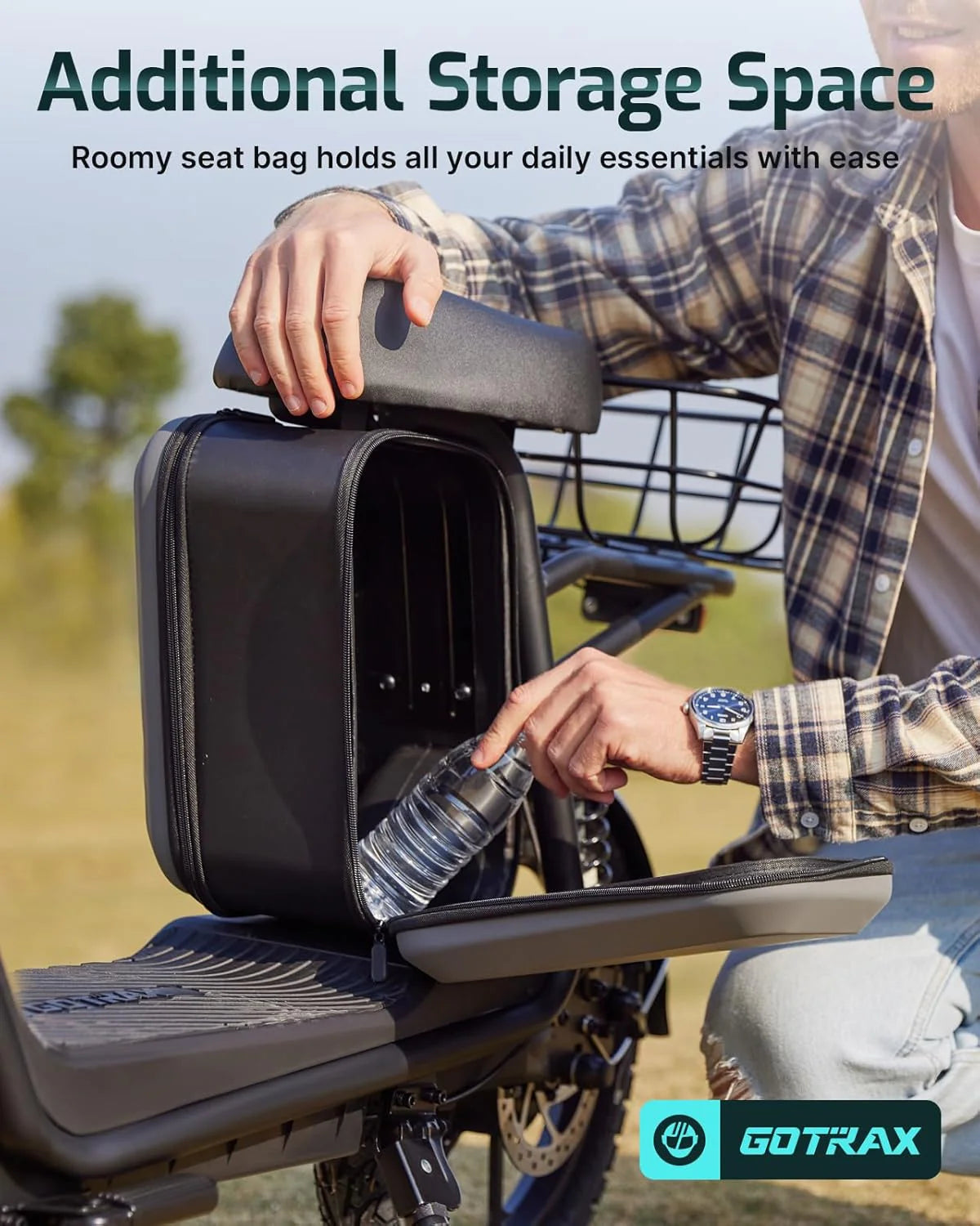 Gotrax adult electric scooter with seat, maximum range of 19-25 miles, all-terrain tires, wide pedals, padded seat, and carrycot