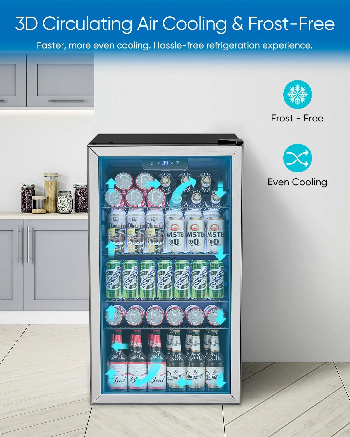 Beverage Refrigerator Cooler - 126 Can Mini Fridge Glass Door for Drinks Soda Beer Wine - Small Refrigerator for Office Bedroom Home Bar, 4 Adjustable Shelves, 3.2 Cu.Ft, Silver