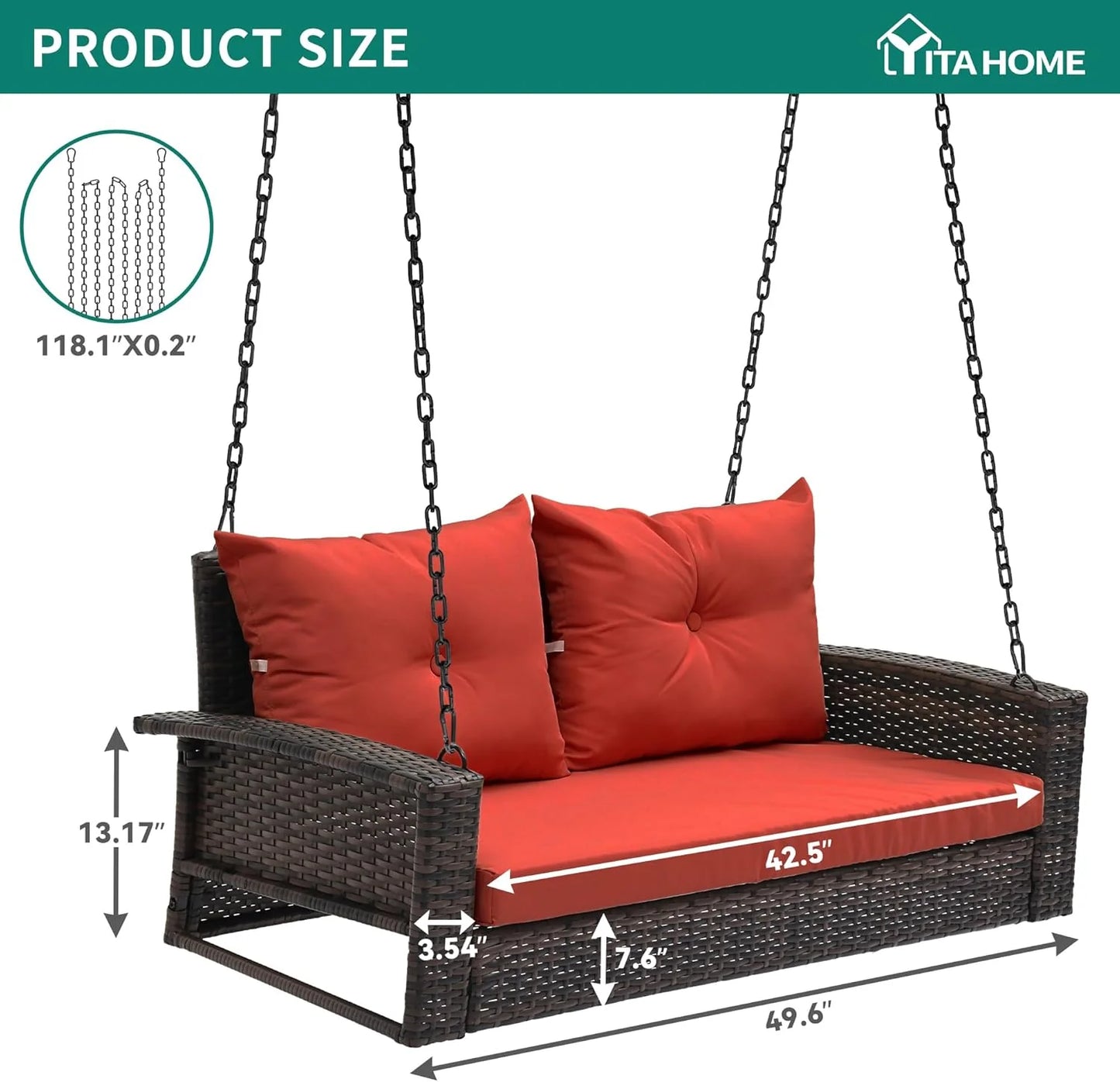 YITAHOME Hanging Porch Swing Chair Sits 3 People, Wicker Outdoor Swing Bench, Patio Lounge Chair, 1 Seating Cushion and 3 Back Cushions, w/Removable Covers, for Garden, Balcony, Backyard, Brown