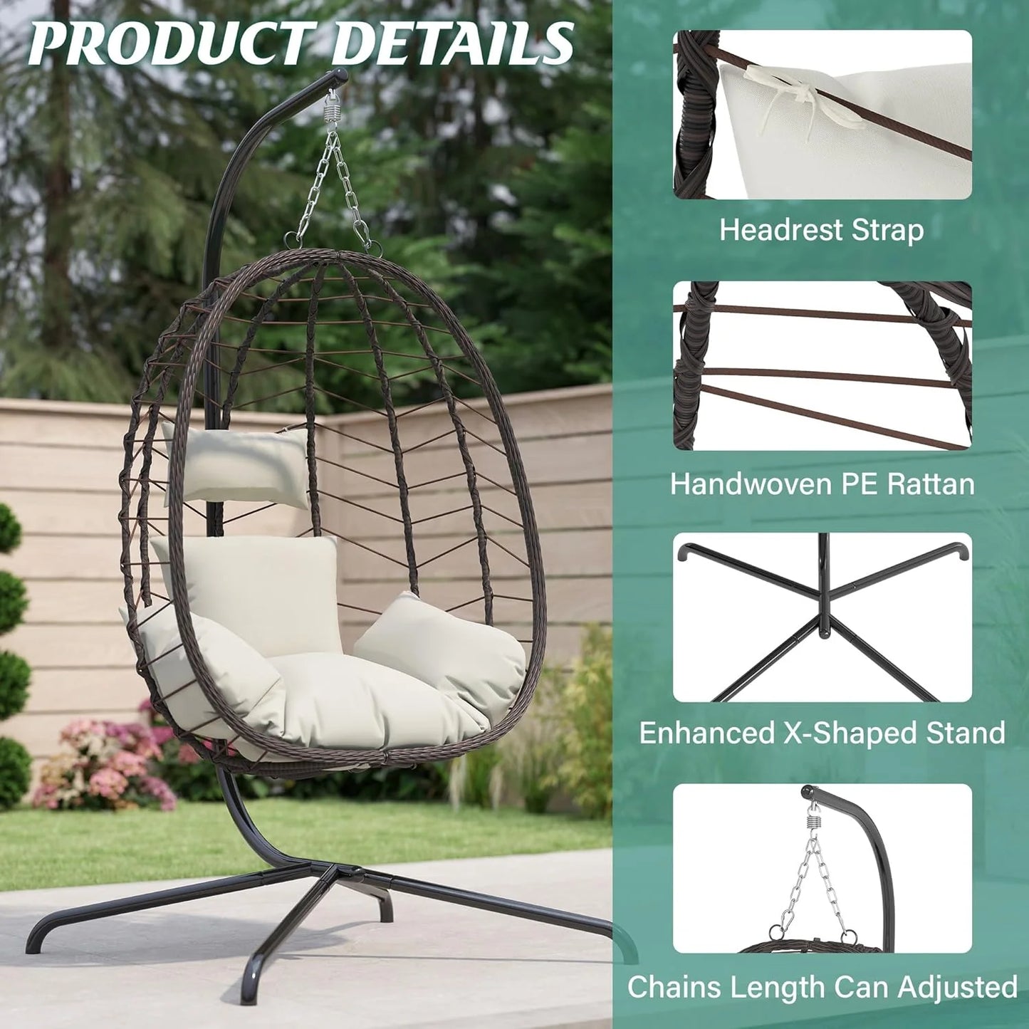 Hanging Egg Chair with Stand, Swinging Egg Chair Outdoor Indoor, Hanging Basket Chair with Cushion, Patio Wicker Hammock Chair 350lbs Capacity for Bedroom, Balcony, Backyard, Garden (Grey)