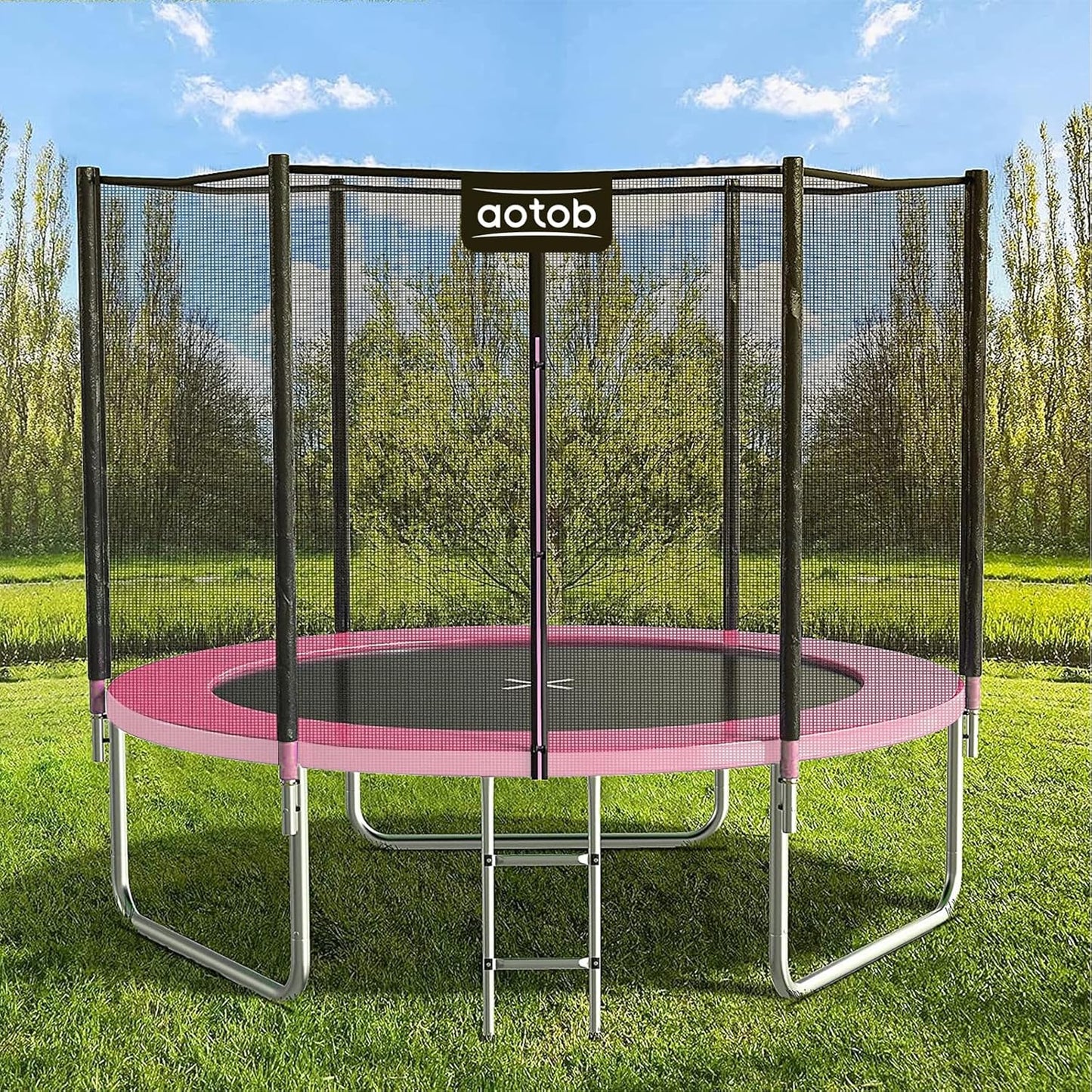AOTOB 8FT 10FT 12FT 14 FT 15FT Trampoline with Safety Enclosure Net，Outdoor Trampoline with Basketball Hoop, Heavy Duty Jumping Mat and Spring Cover Padding for Kids and Adults, Storage Bag and Ladder
