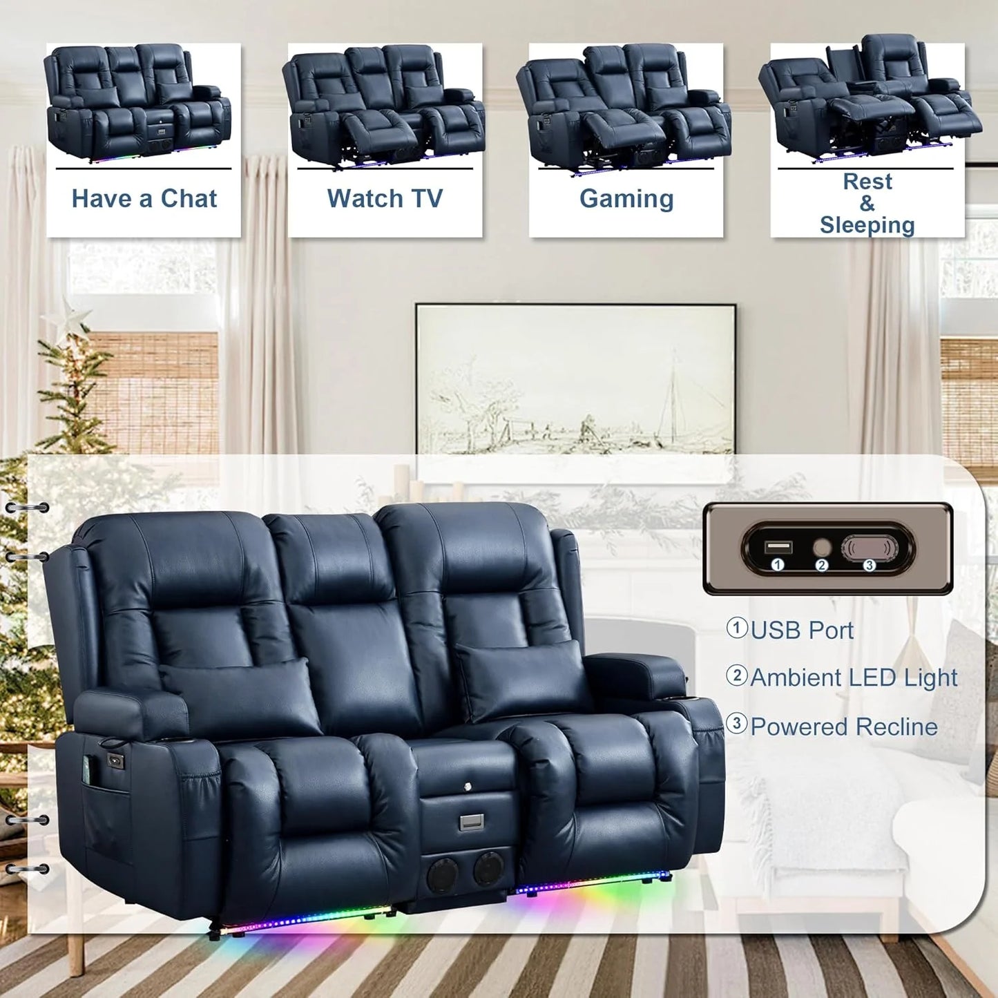 TUNYI Power Loveseat Recliner Sofa with Massage & Heat Home Theater Seating with Console Electric Recliner RV Sofa with USB/Outlet/Storage/Side Pocket/LED Light/Speaker (Brown, Loveseat)