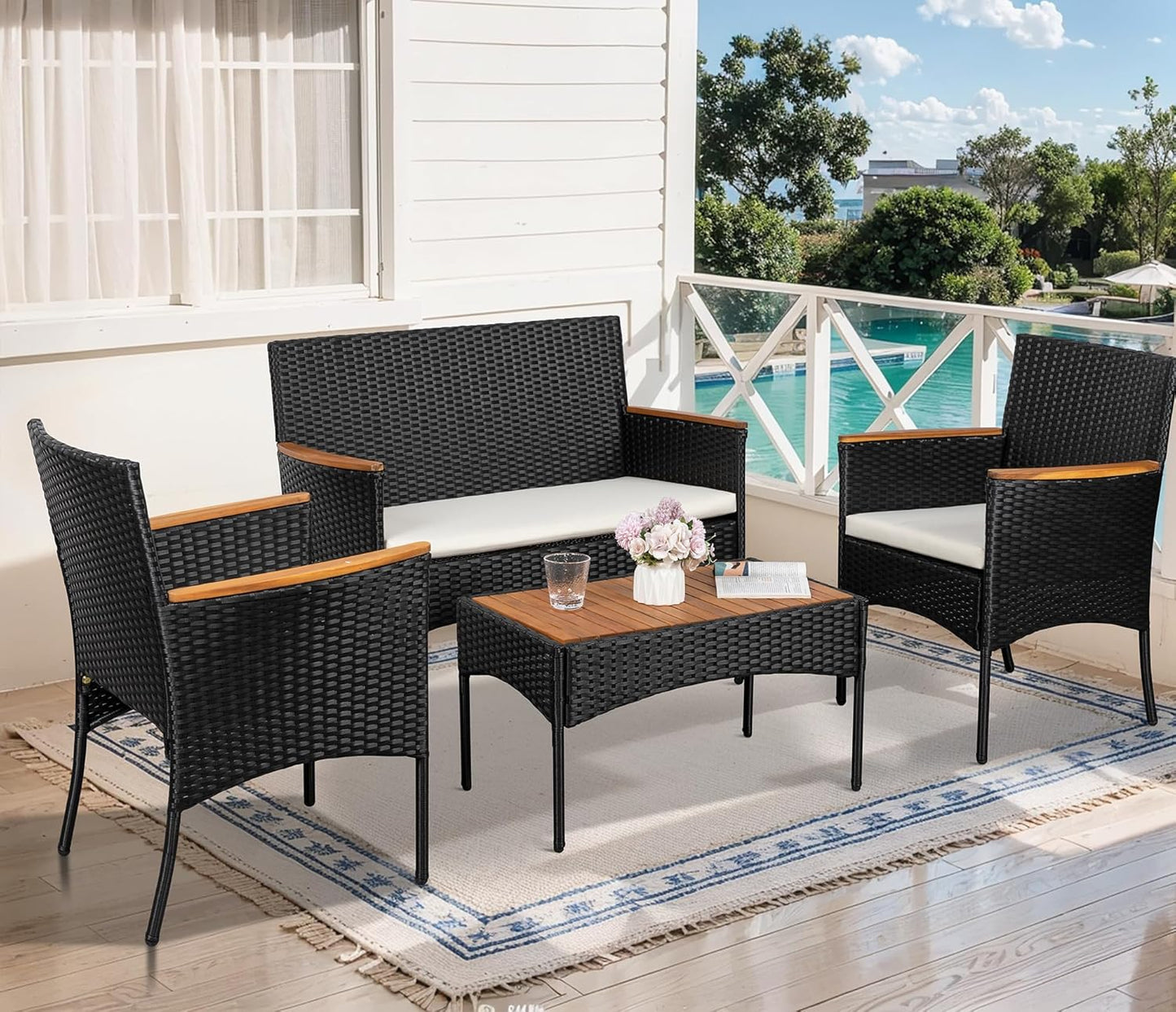 Shintenchi 4-Piece Patio Furniture Set, Outdoor Wicker Patio Conversation Furniture Set with Cushions and Wooden Tabletop