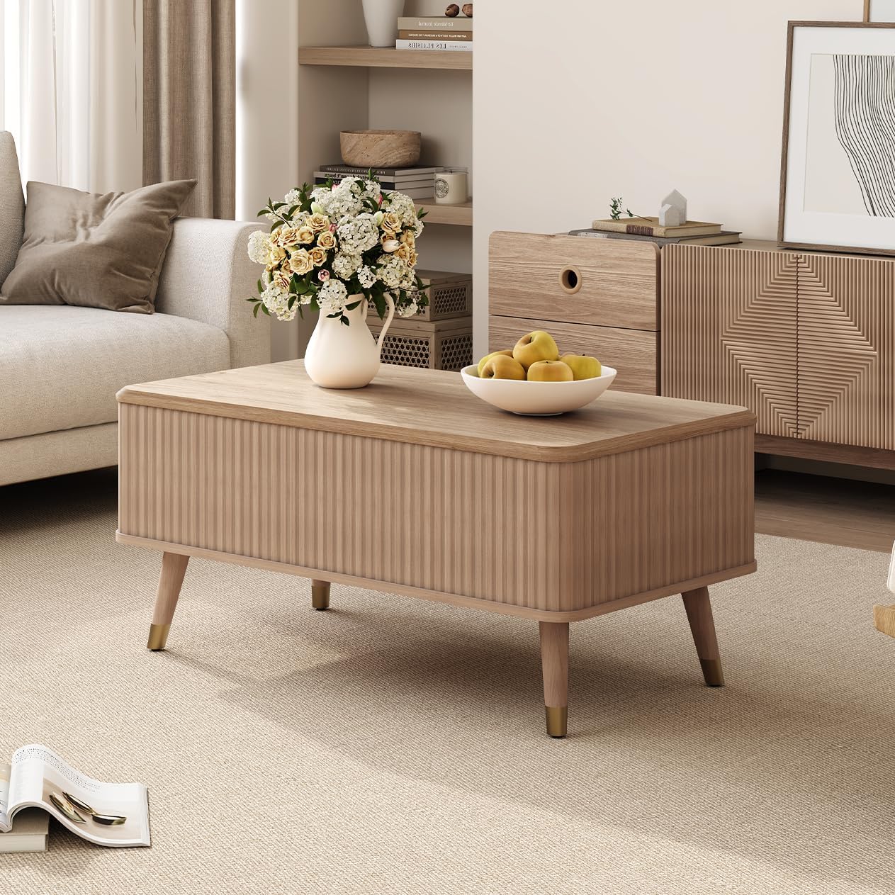 Round Coffee Table with Storage,Fluted Center Table with Sliding Cabinet Door for Living Room,Home Small Space,31.5" Small Center Table,Walnut