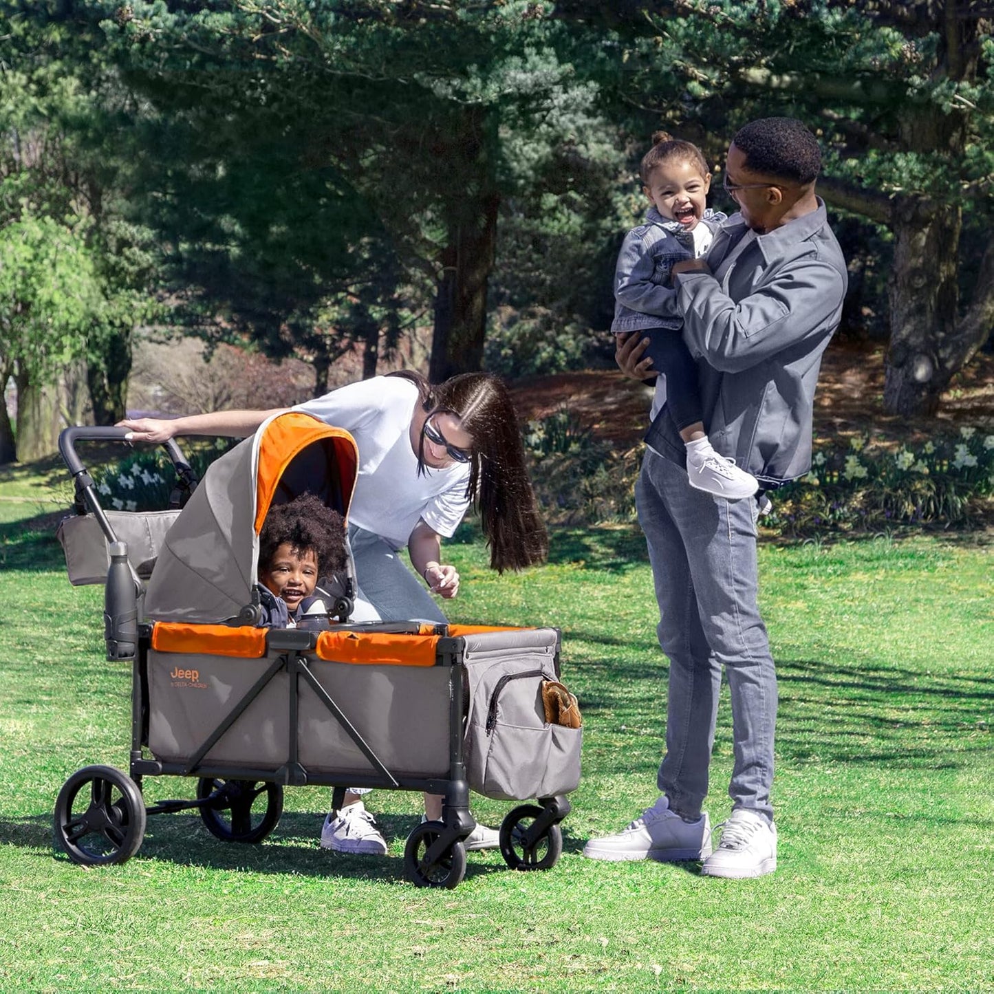 Jeep Sport All-Terrain Stroller Wagon by Delta Children - Includes Canopy, Parent Organizer, Adjustable Handlebar, Snack Tray & Cup Holders, Grey/Olive Green