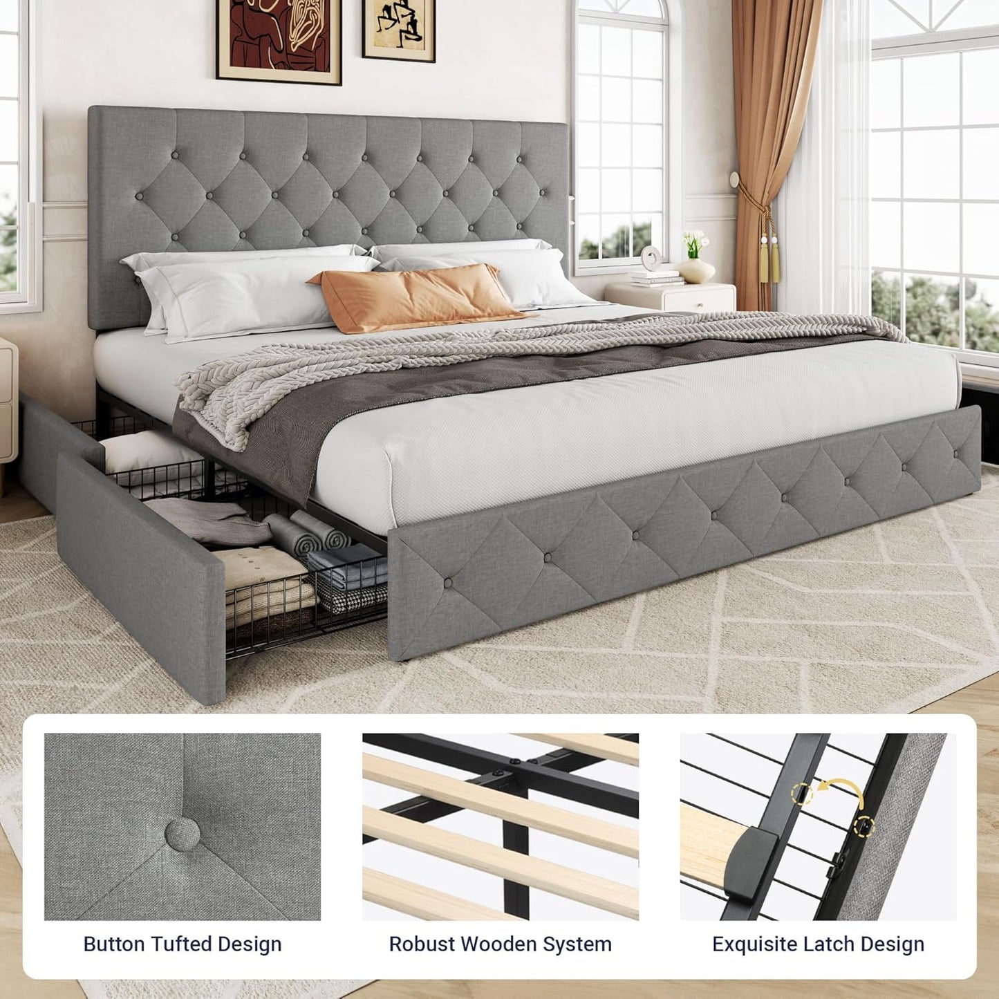 Allewie Upholstered Queen Size Platform Bed Frame with 4 Storage Drawers and Headboard, Square Stitched Button Tufted, Mattress Foundation with Wooden Slats Support, No Box Spring Needed
