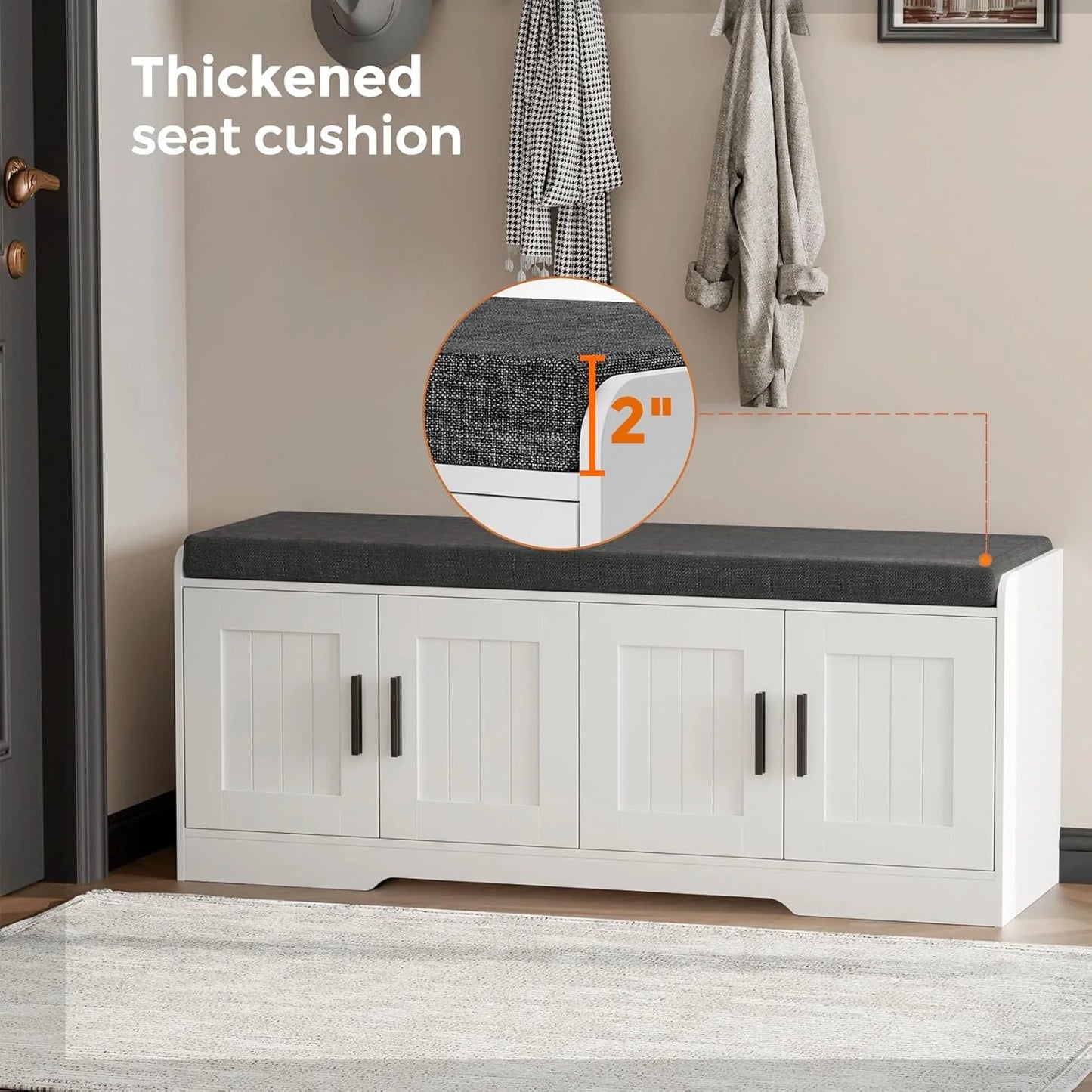 2-Tier Storage Bench, Shoe Bench with Thickened Padded Seat Cushion, Entryway Bench with 4 Doors, Adjustable Shelf