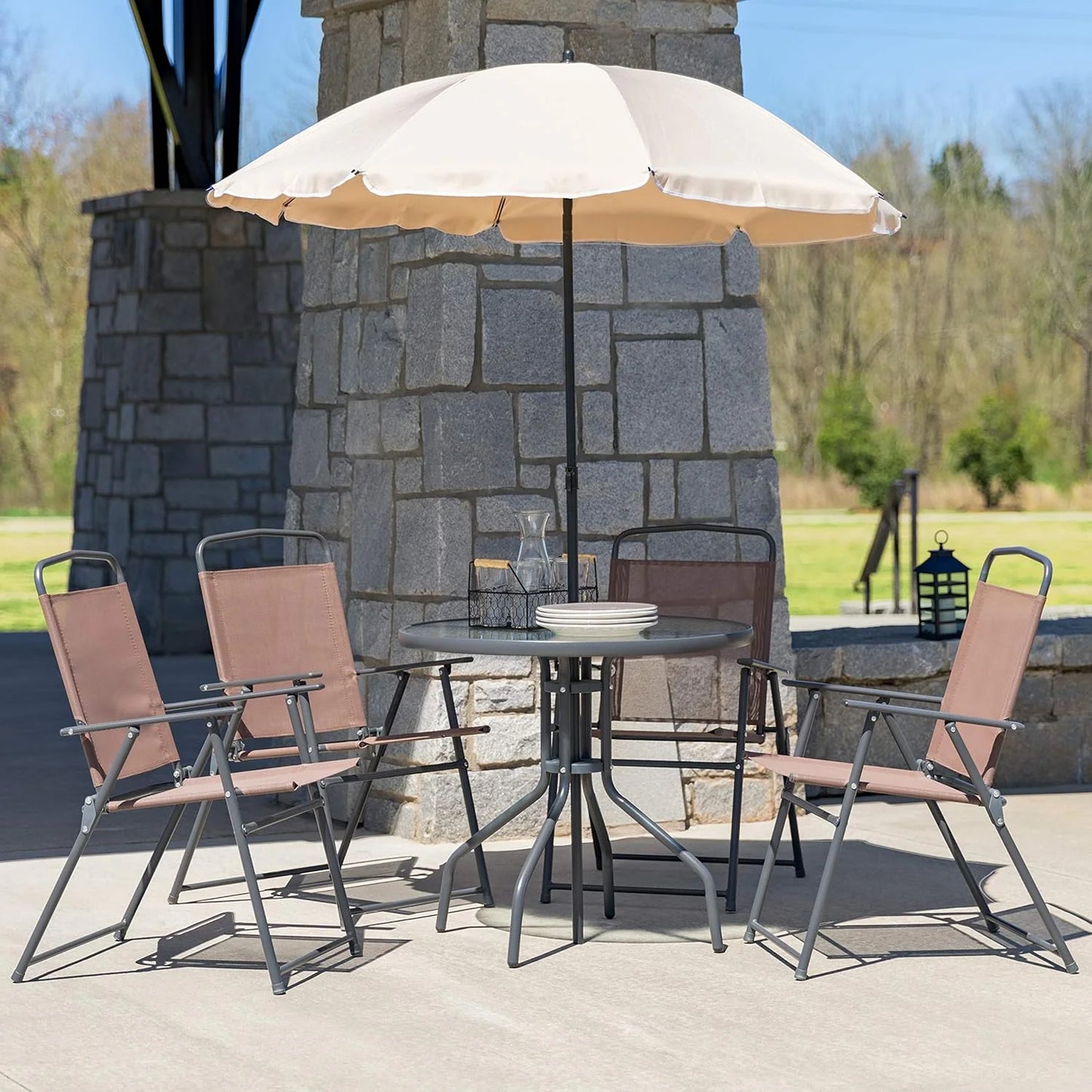 EMMA + OLIVER 6 Piece Brown Patio Garden Set with Umbrella Table and Set of 4 Folding Chairs