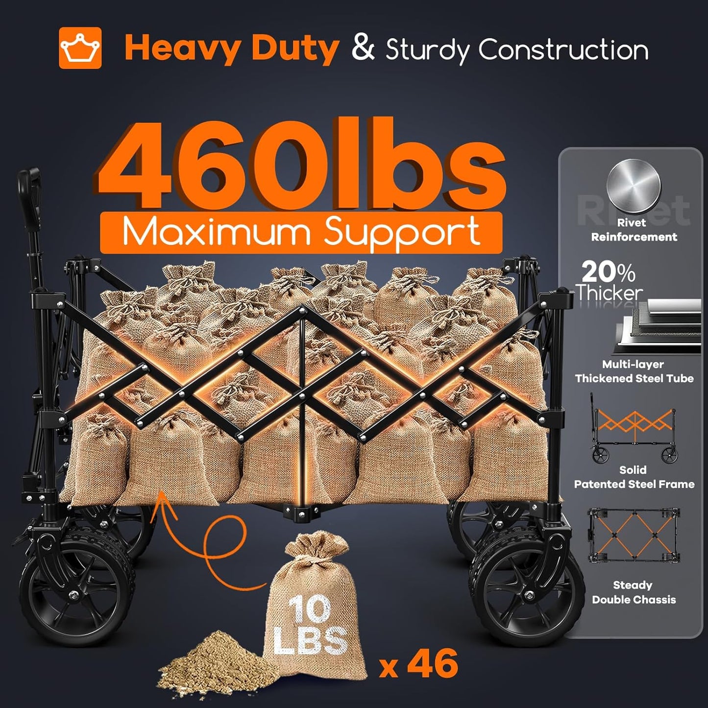 38" long foldable four-wheel stroller, foldable, 460 lb capacity, 220 liter heavy-duty folding beach stroller with large all-terrain tires