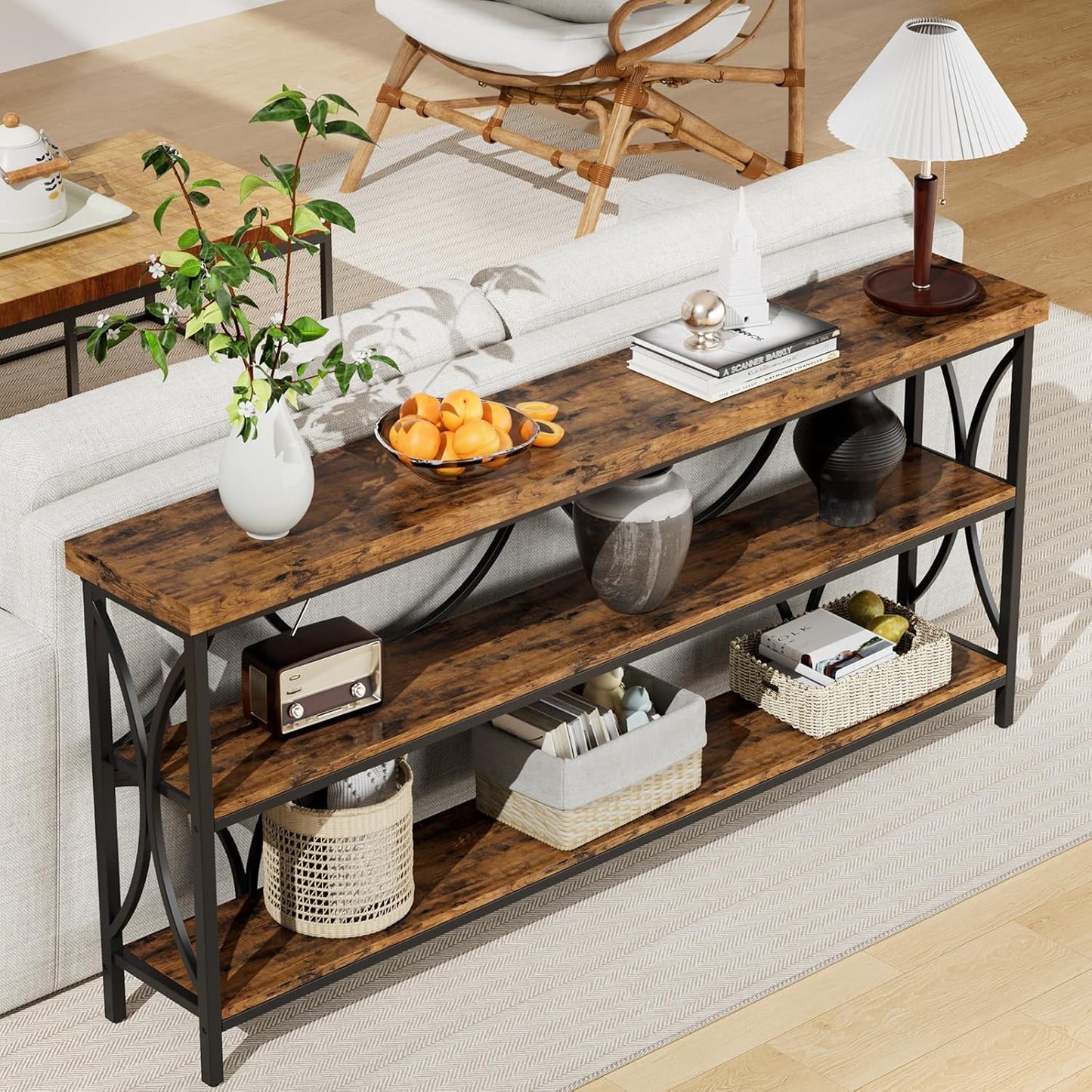70.8 Inches Extra Long Console Table 3 Tiers Industrial Wood Entryway Sofa Table