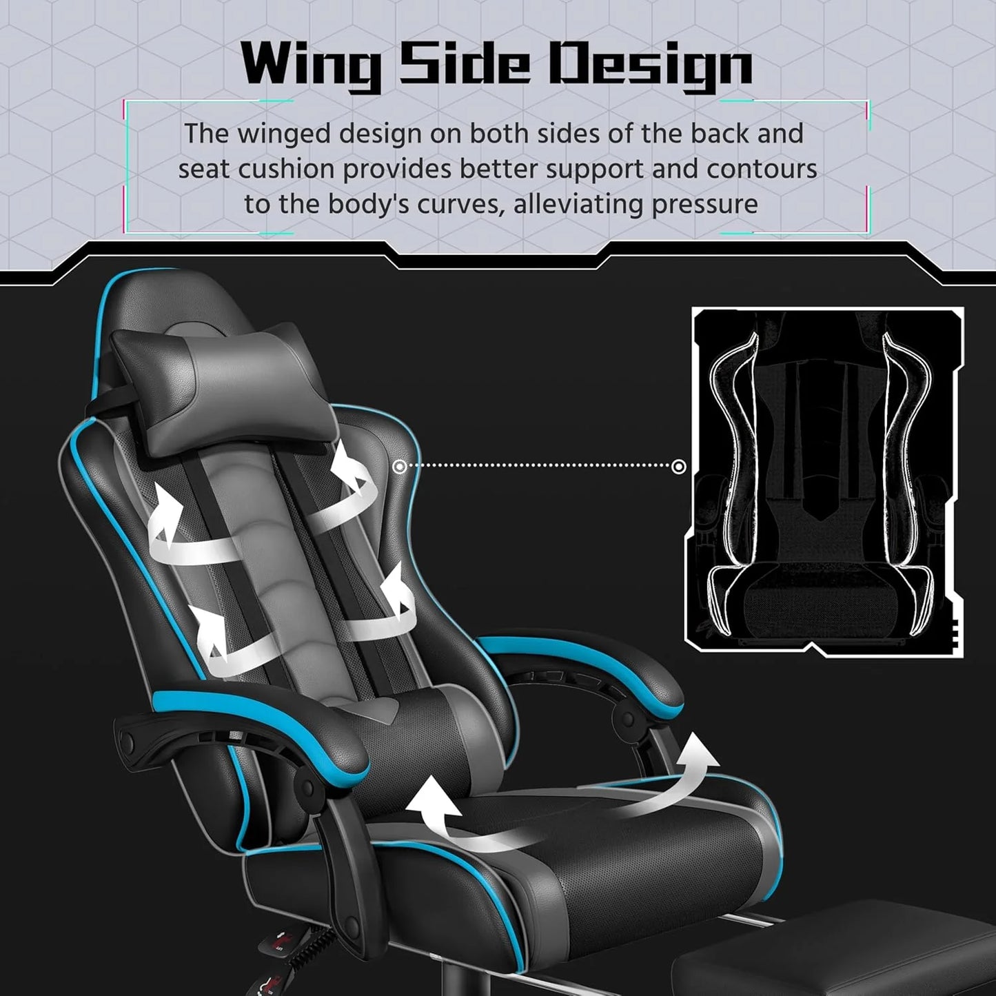 Gaming Chair with Massage Lumbar Support and Footrest Height Office Gaming Chair