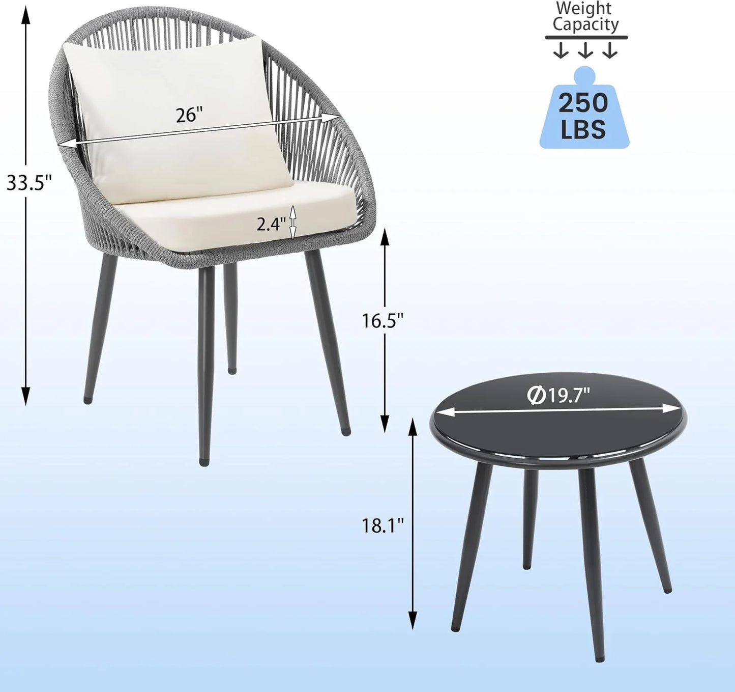 3 Piece Bistro Set, Woven Rope Chair with Cushions, All Weather Patio Conversation Set with Side Table, Ideal for Deck, Balcony, Poolside, Black