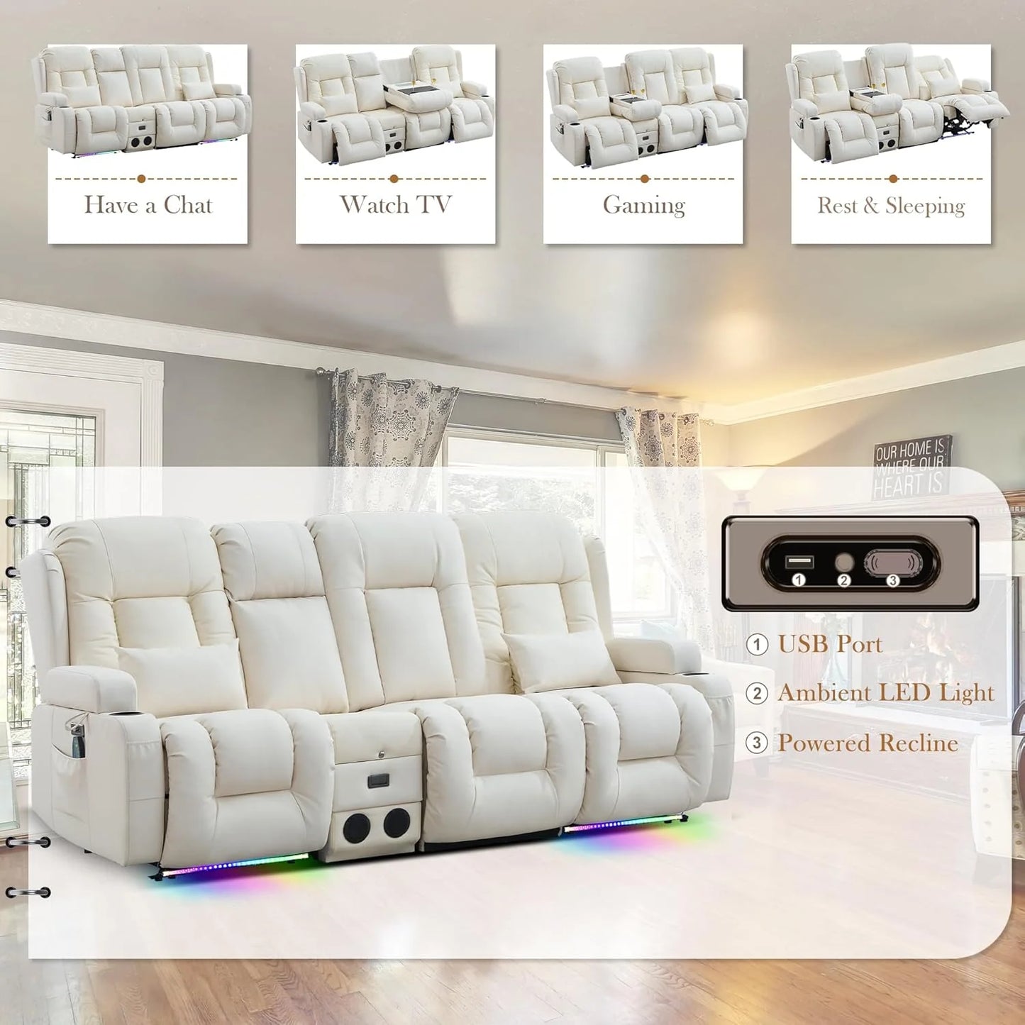 TUNYI Power Loveseat Recliner Sofa with Massage & Heat Home Theater Seating with Console Electric Recliner RV Sofa with USB/Outlet/Storage/Side Pocket/LED Light/Speaker (Brown, Loveseat)