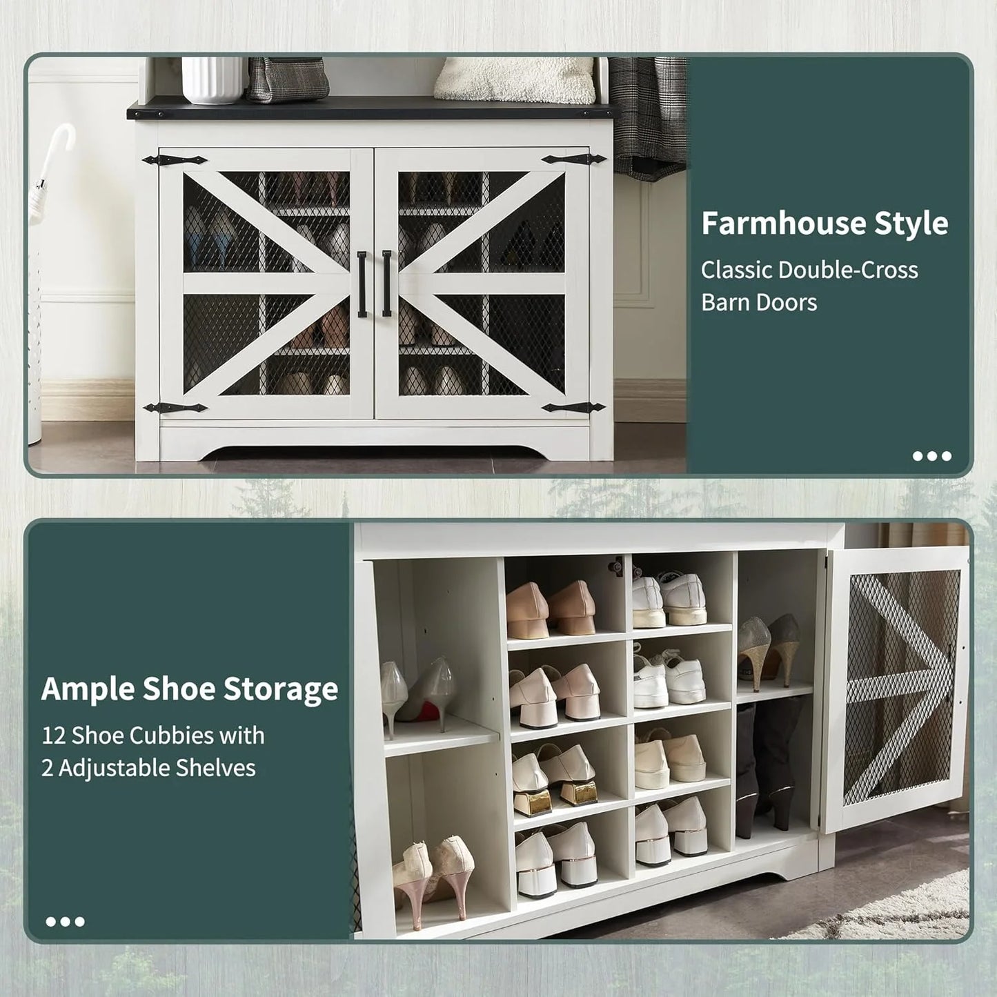 JXQTLINGMU 59-inch Farmhouse Foyer Tree with Shoe Storage, Entryway Bench Foyer Coat Rack Cabinet