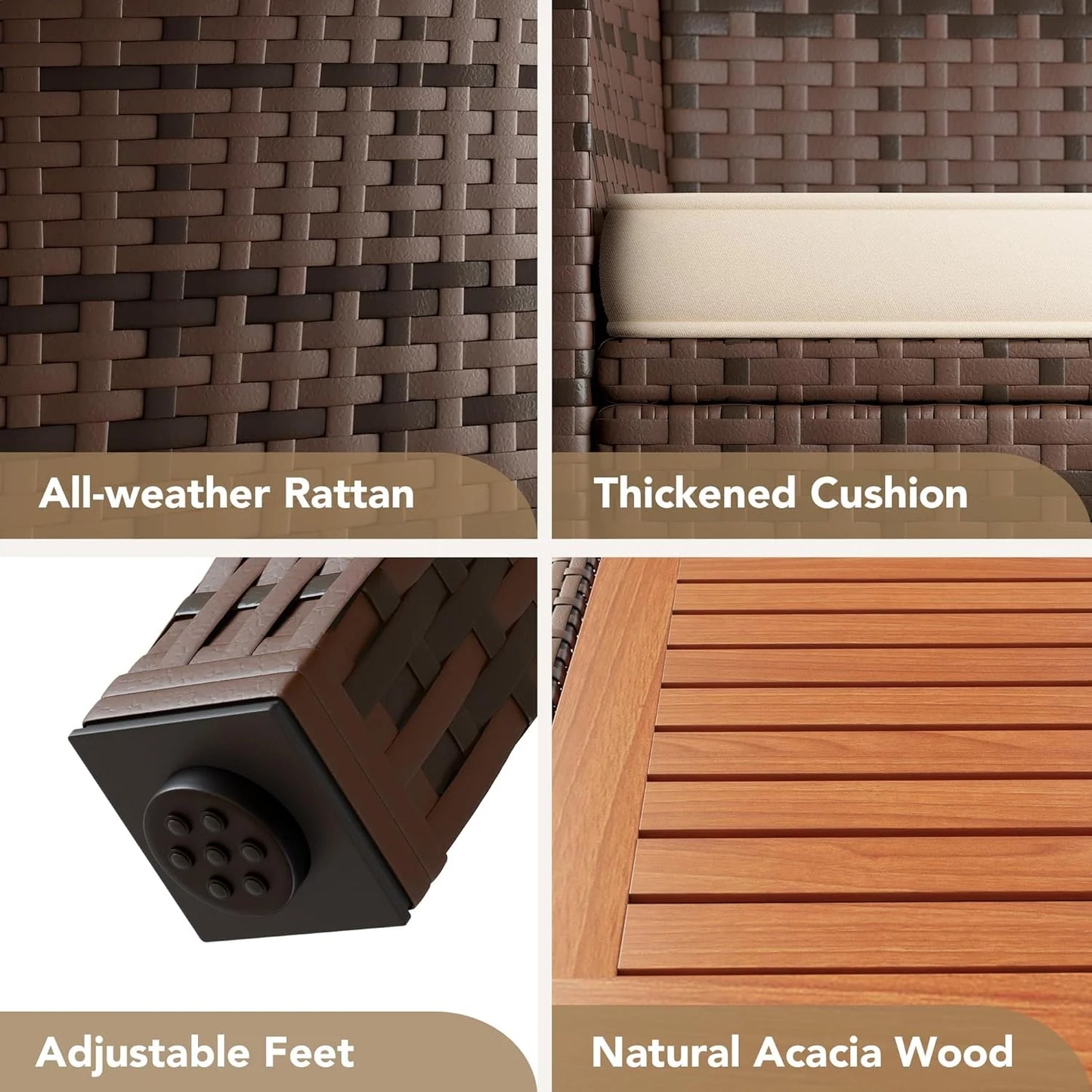 Devoko Dining 7 PCS Furniture, Patio Conversation Set with Acacia Wood Table Top, Rattan Outdoor, Black