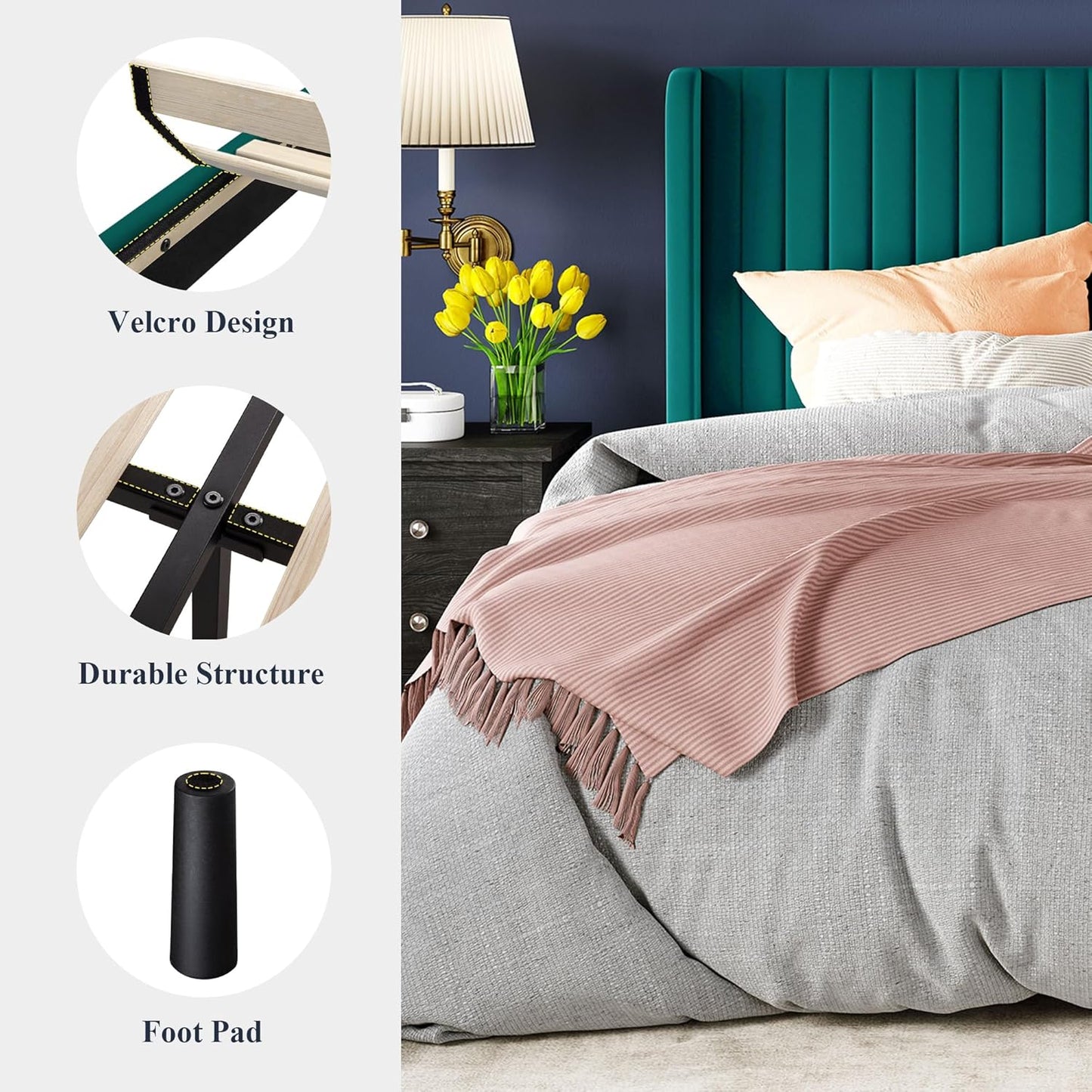 Allewie Full Size Velvet Bed Frame/Vertical Channel Tufted Wingback Headboard/Upholstered Platform Bed/Strong Wooden Slats/No Box Spring Needed/Easy Assembly/White