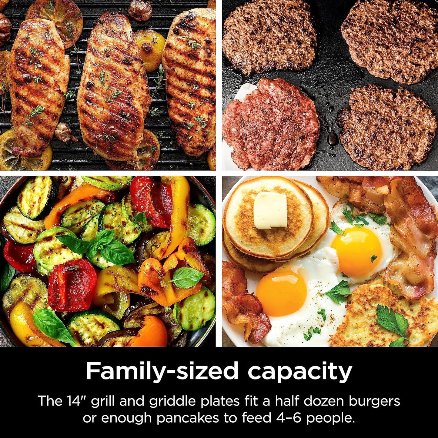 Griddle and Indoor Grill, 14’’, Electric Grill, For Steak, Burgers, Salmon, Veggies, and More, Pancake Griddle, Nonstick, Dishwasher Safe, 500F, Even Cooking, Silver, GR101