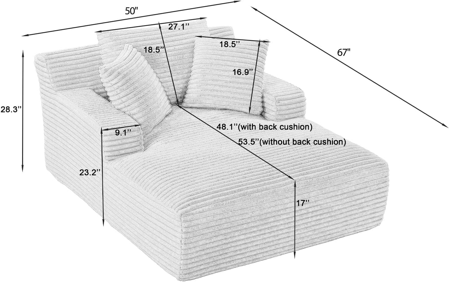 50-inch indoor recliner, oversized corduroy upholstered boneless sofa bed, deep sleeper sofa reading chair, cloud sofa, living room sofa