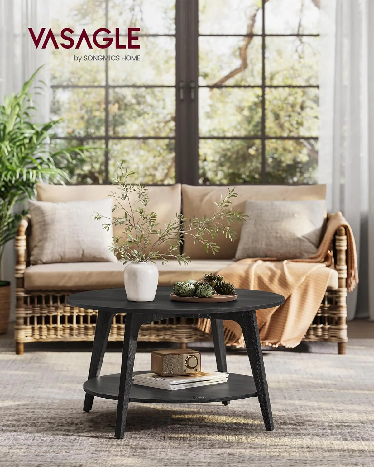 VASAGLE Round Coffee Table, 2 Tier Coffee Table with Storage, for Living Room, 31.5 x 17.7 Inches