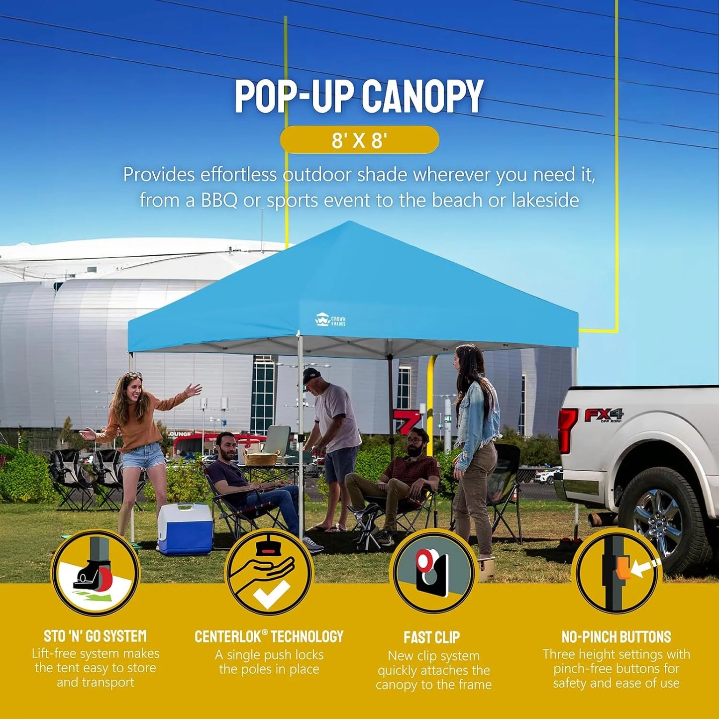 10x10 Pop-Up Awning - One-Click Installation Beach Tent - Outdoor Sunshade Silver Coated Top, 3 Heights and 4 Sand Pockets