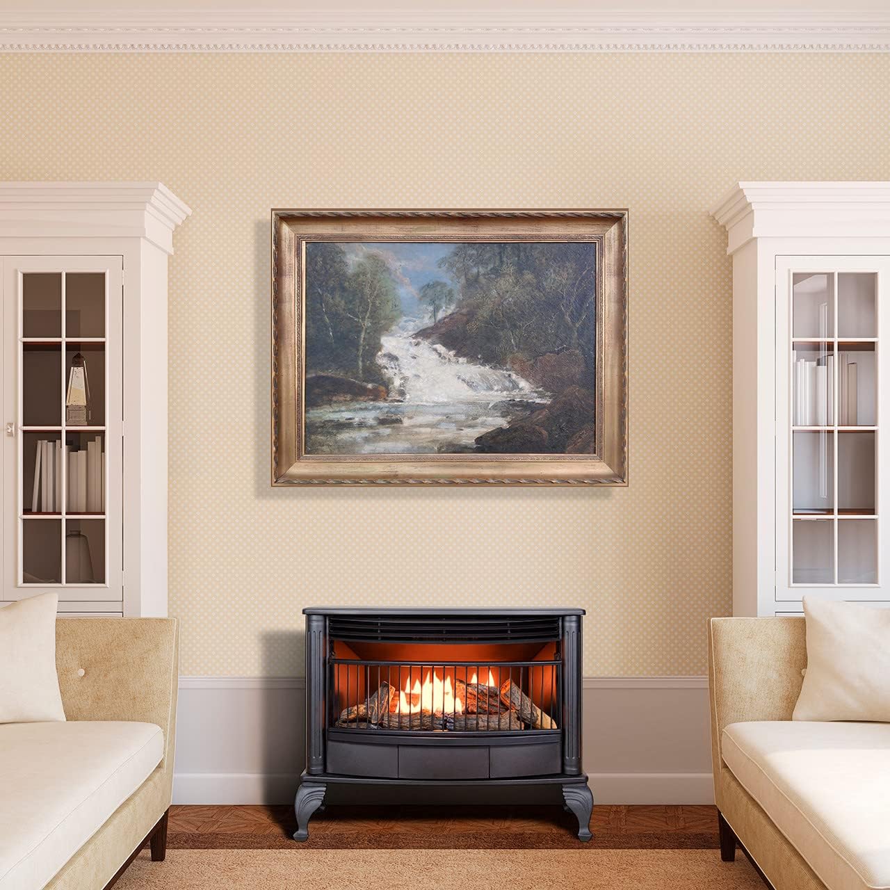 Vent-free 25,000 BTU space-saving freestanding dual-fuel fireplace with built-in thermostat control