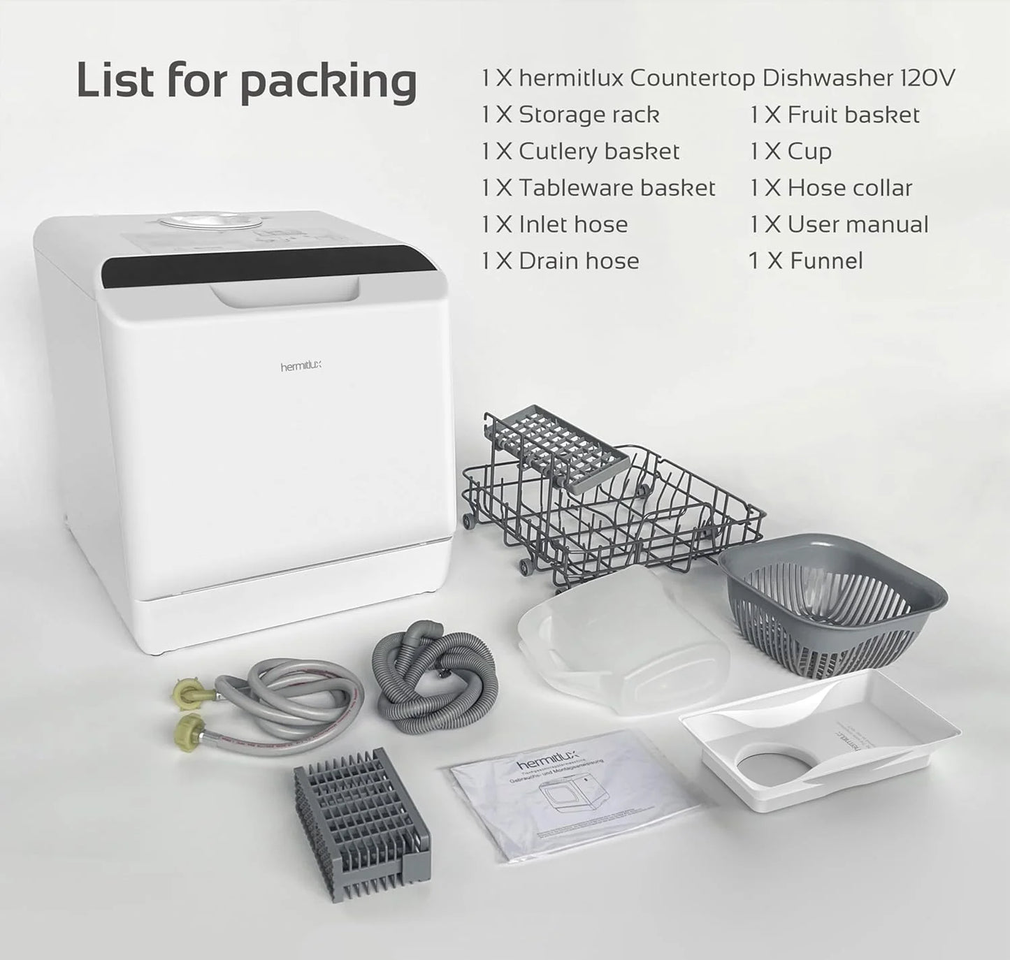 Hermitlux tabletop dishwasher, 7 wash programs, portable mini dishwasher