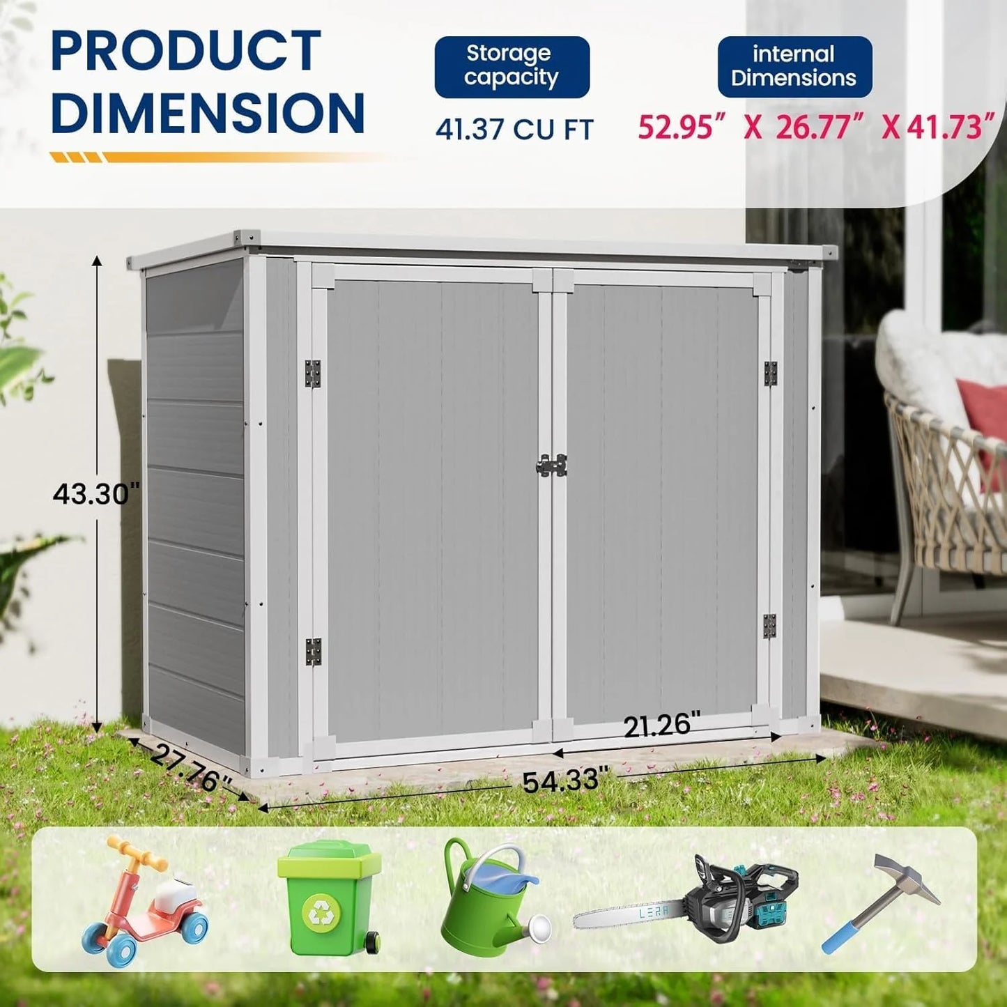 Amopatio 41 Cu Ft Horizontal Outdoor Storage Shed, Resin Trash Can Storage,Resin Shed for Garden Tools, Lawn Mowers, Garbage Cans, Patio Use