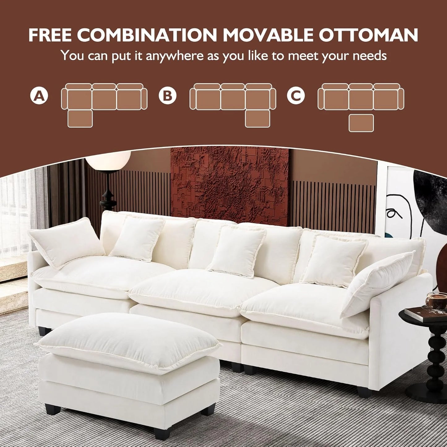 111.4 Inch L-Shaped Modern Sofa Modular Cloud Sofa with Ottoman, 4-Seater Chenille Deep Seat Sofa with Pillows for Living Room, Bedroom and Apartment, Beige