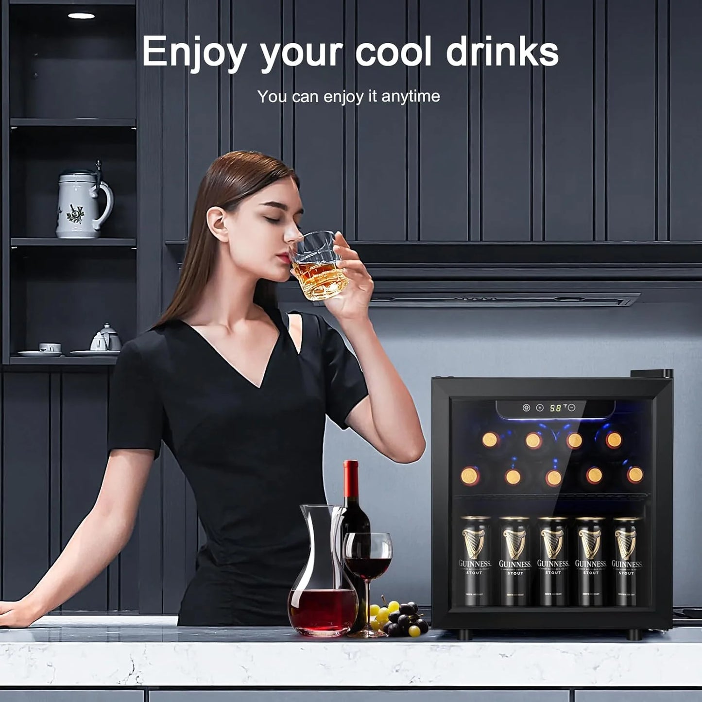 Antarctic Star 26 Bottle 130 Can Wine Cooler/Cabinet Beverage Refrigerator Mini Wine Cellar Beer Soda Clear Glass Door Bar Fridge Quiet Compressor Adjust Temp Freestanding Indoor Use 3.2cu.ft Black