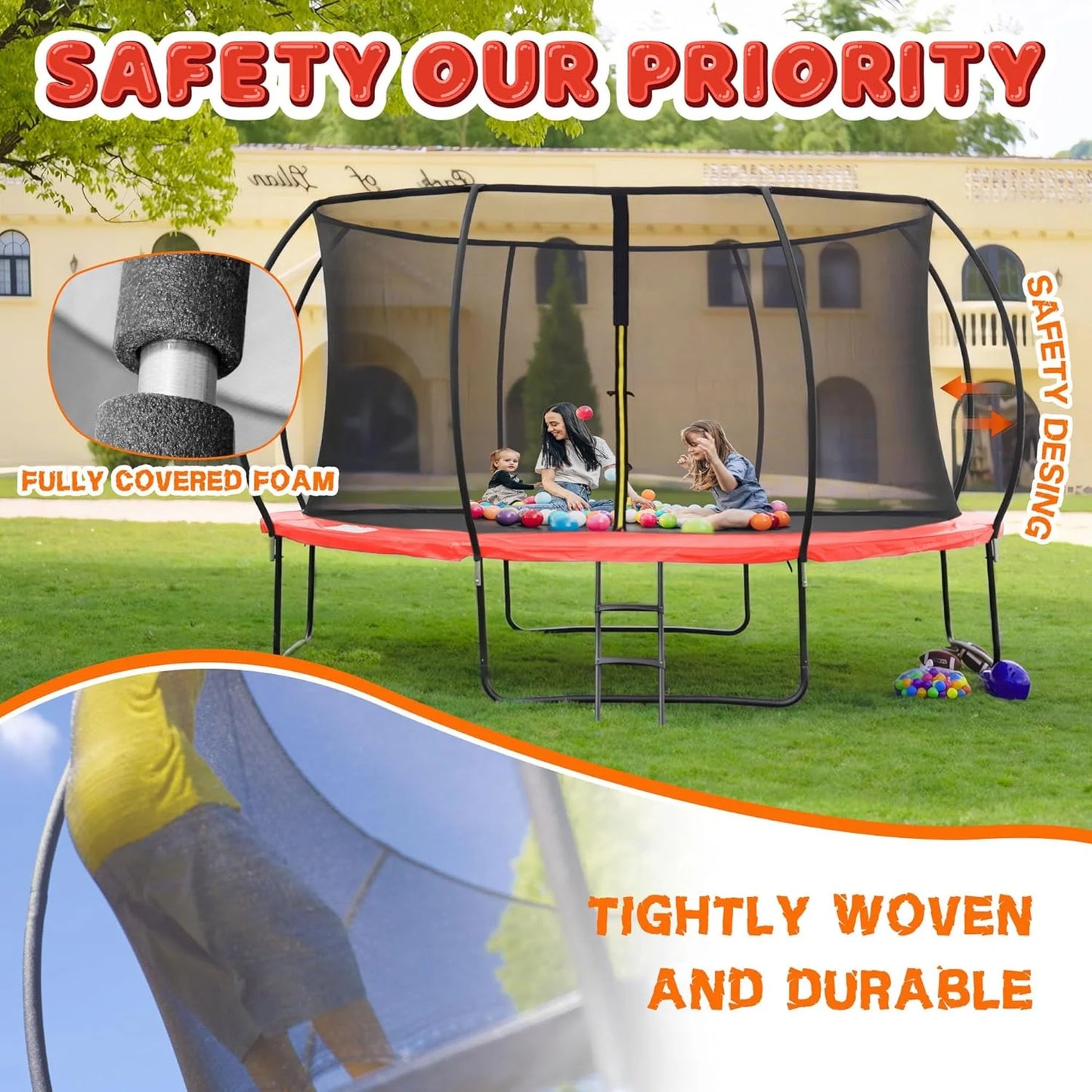 Trampoline 8FT 10FT 12FT 14FT 16FT, Recreational Trampolines with Enclosure Net and Ladder, Outdoor Anti-Rust Trampolines for Kids and Adults, ASTM Approved