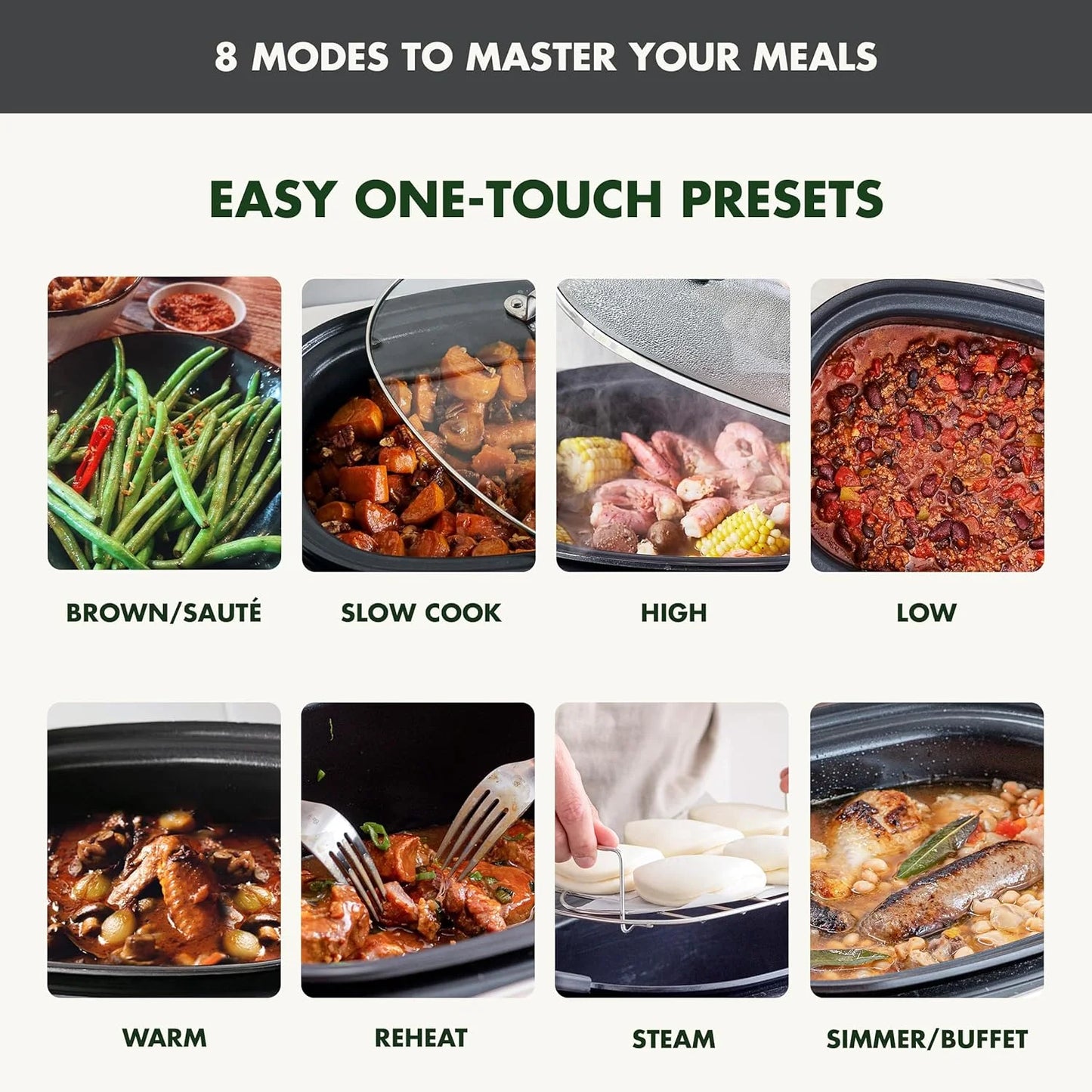 8-in-1 Programmable 6QT Electric Slow Cooker with Dishwasher-Safe Lid and Removable Base