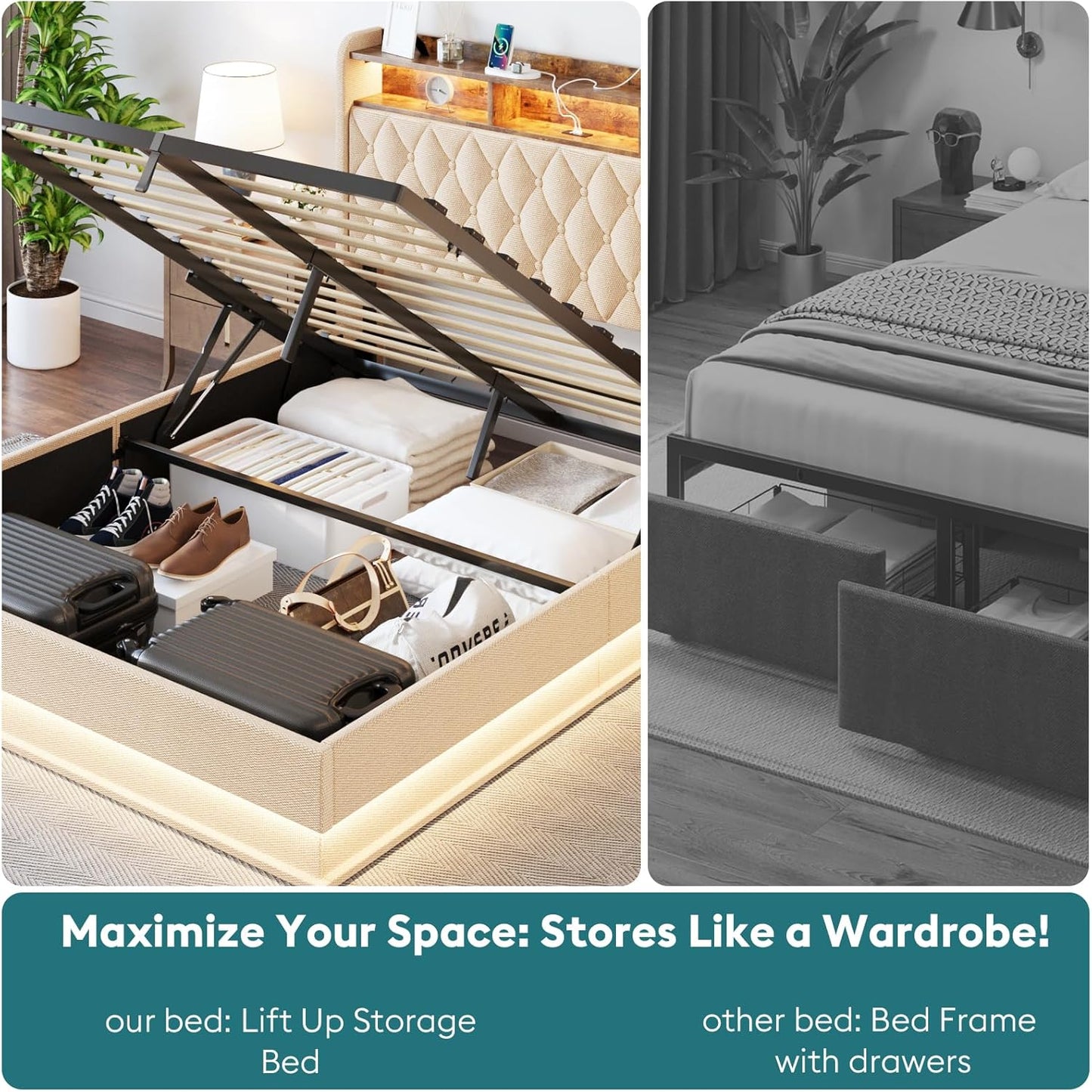 Queen Bed Frame with Storage - Lift Up Queen Size Bed Frame with Headboard, Upholstered Platform Bed with LED Lights & Charging Station, Hydraulic No Box Spring Needed Wood Slats Support, Beige