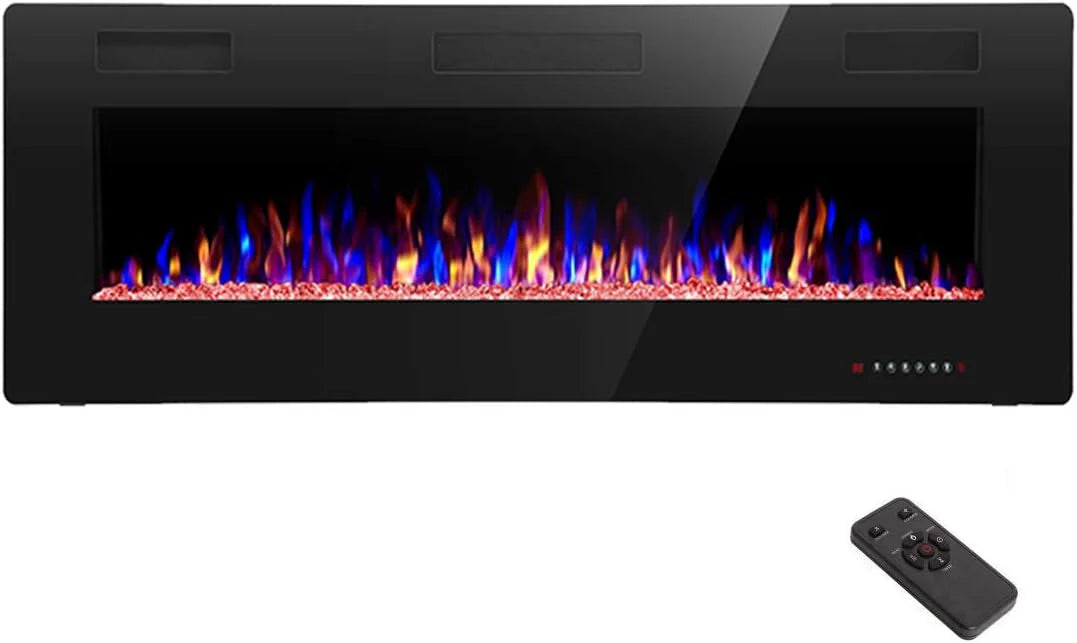 R.W.FLAME 60" Recessed and Wall Mounted Electric Fireplace, Low Noise, Fit for 2 x 6 Stud, Remote Control with Timer, Touch Screen, Adjustable Flame Color and Speed, 750-1500W