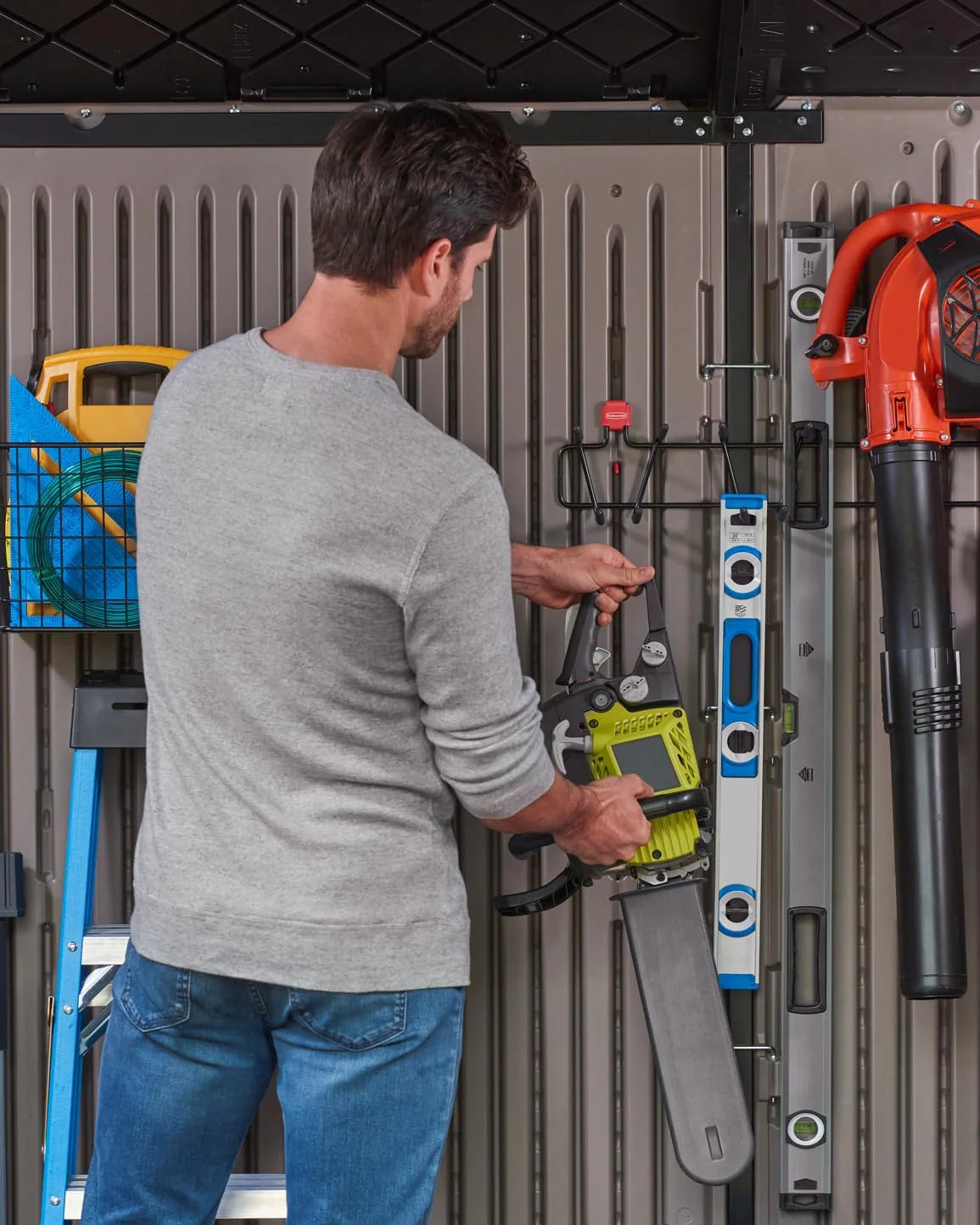 Rubbermaid Resin Outdoor Storage Shed With Floor (7 x 7 Ft) Weather Resistant Gray Organization for Home/Backyard/Garden Tools/Lawn Mower/Bike Storage/Pool Supplies